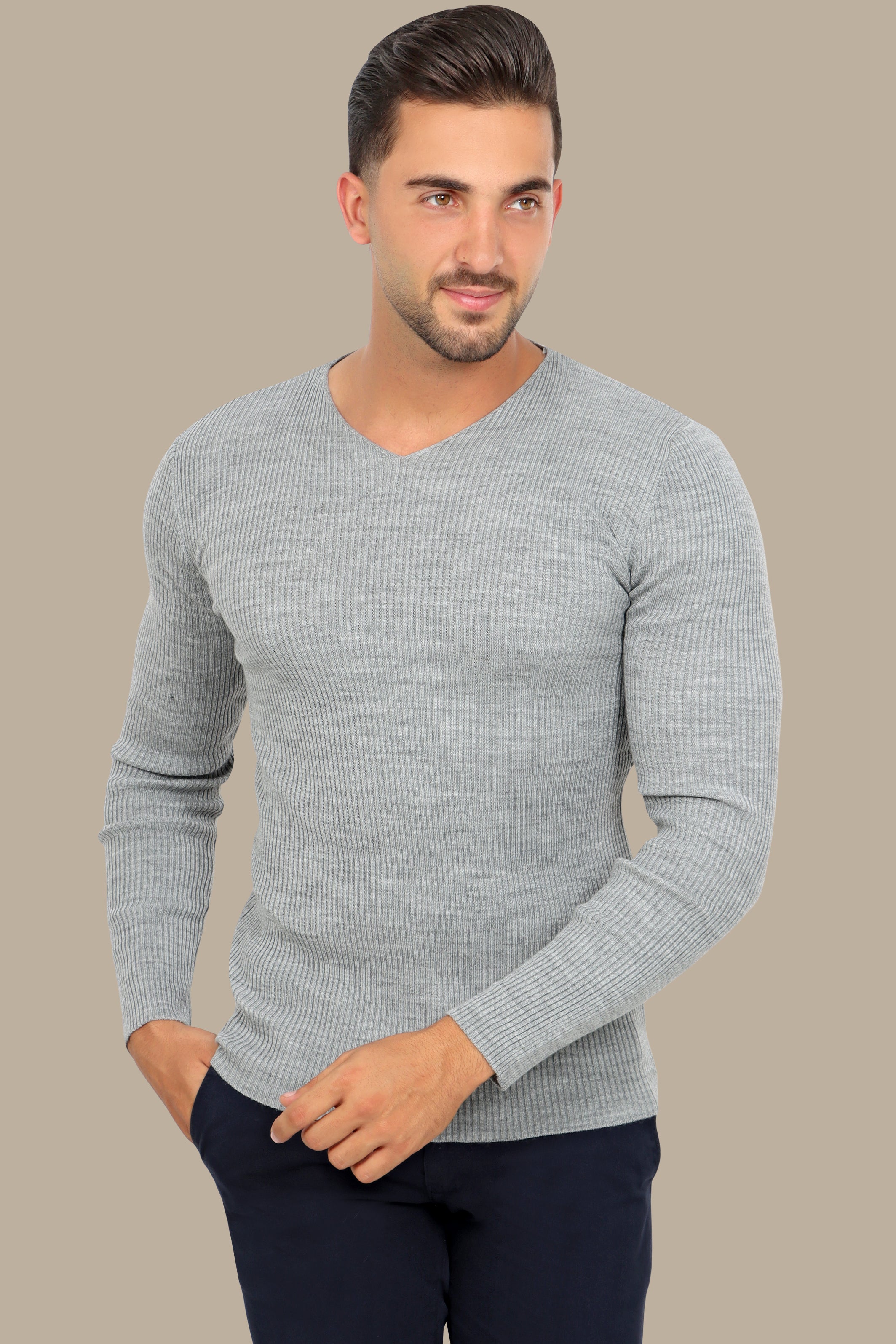 Gray Ribbed V-Neck Sweater