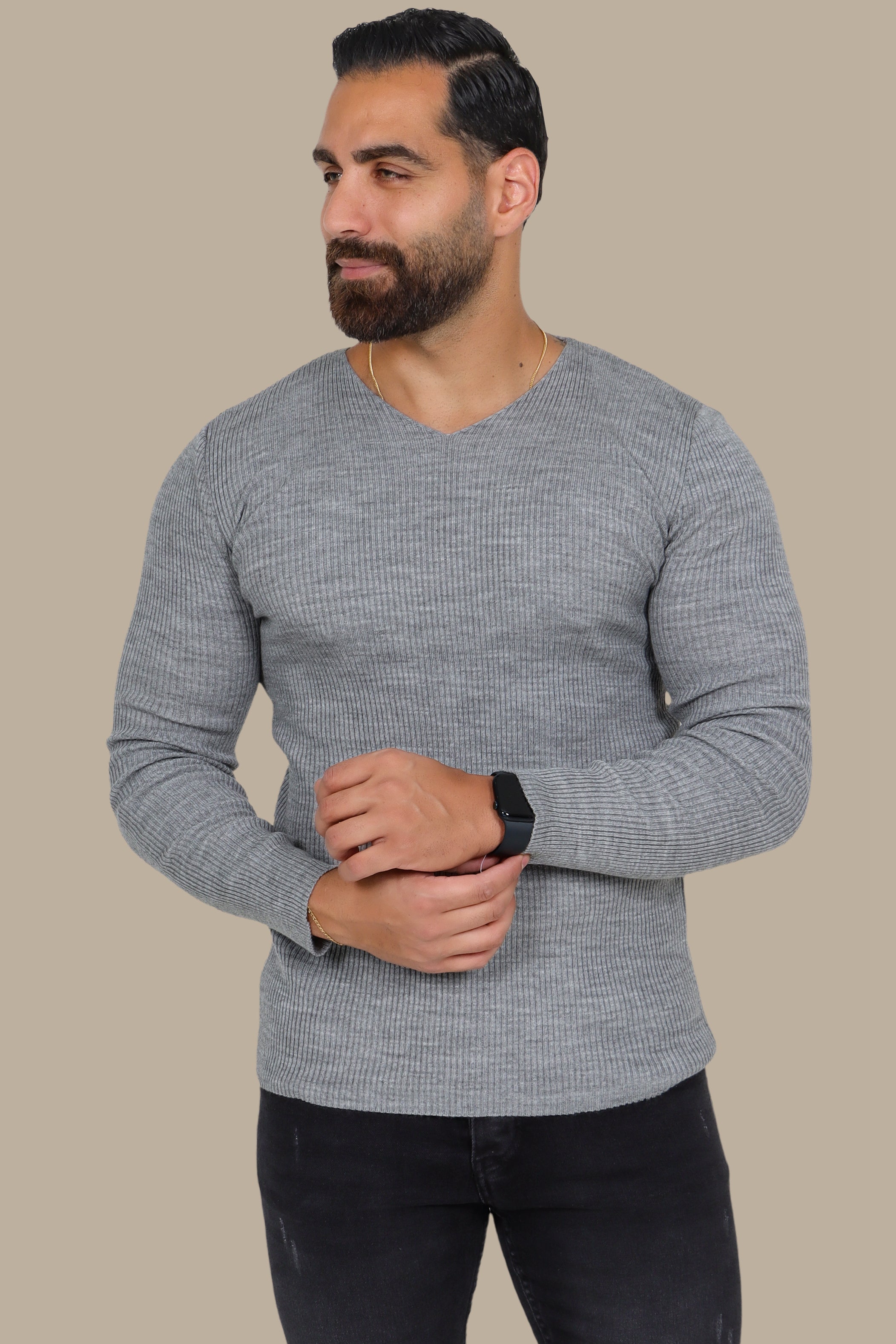 Gray Ribbed V-Neck Sweater