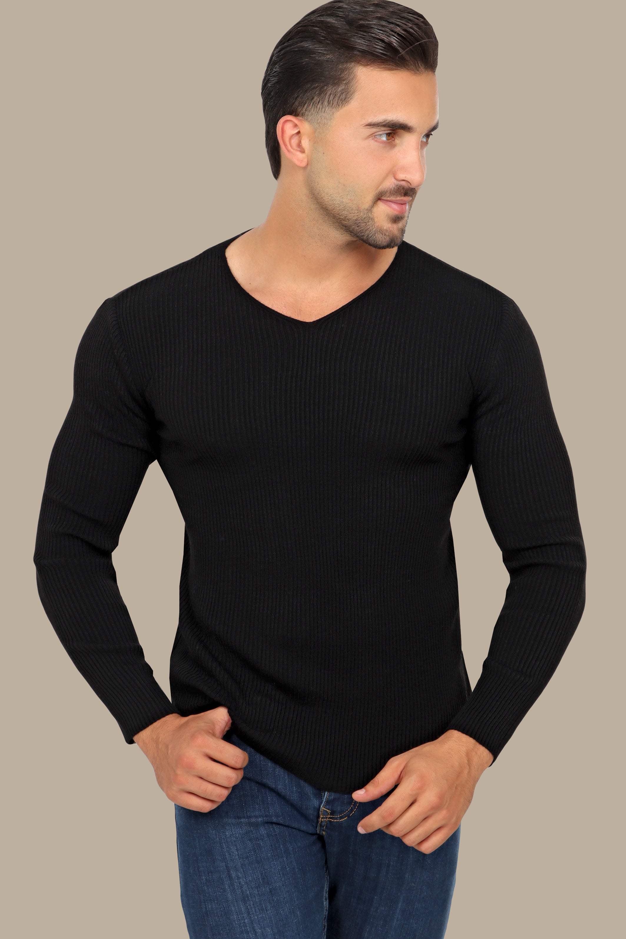 Classic Elegance: Black Ribbed V-Neck Sweater