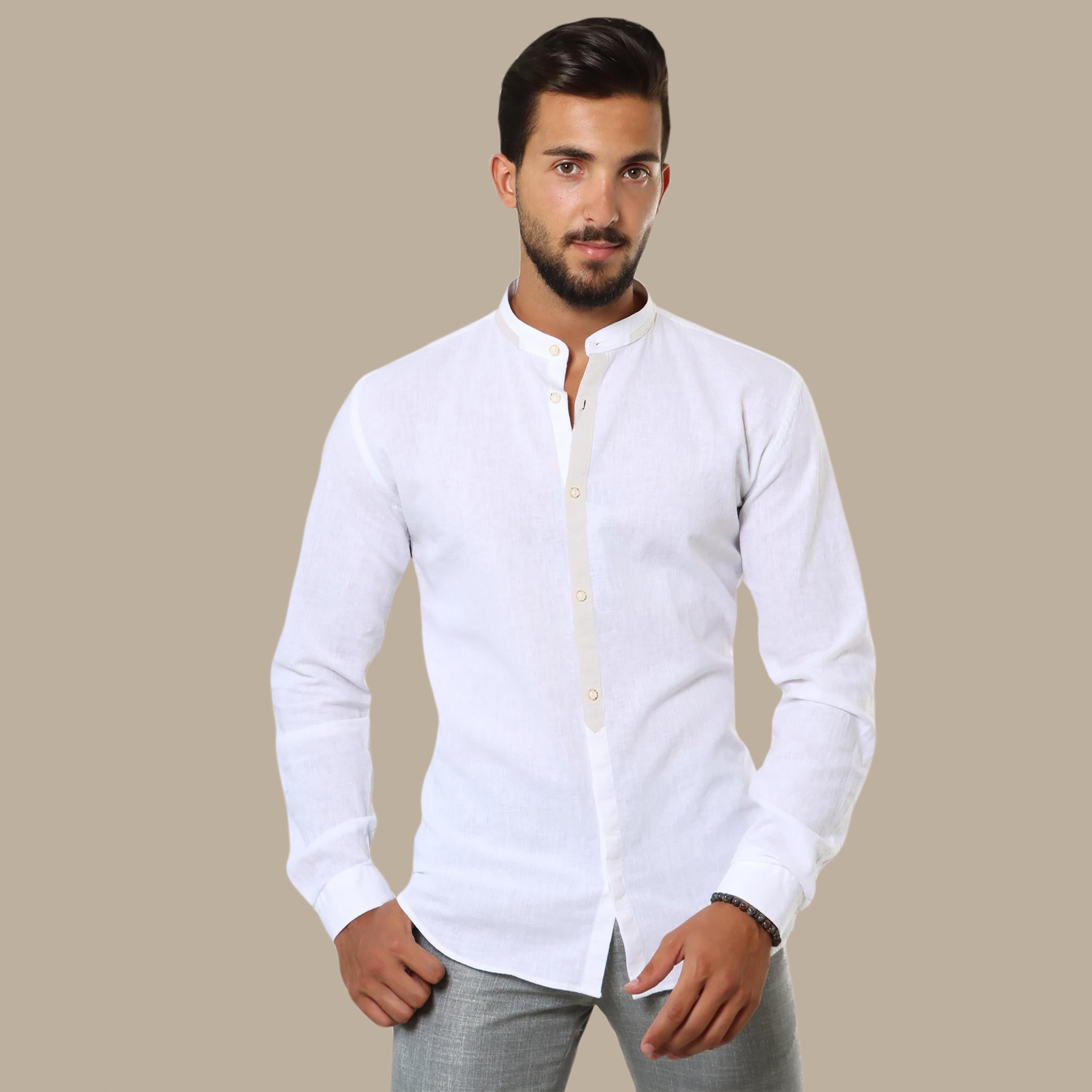 White Linen Shirt with Mao Collar & Beige Piping