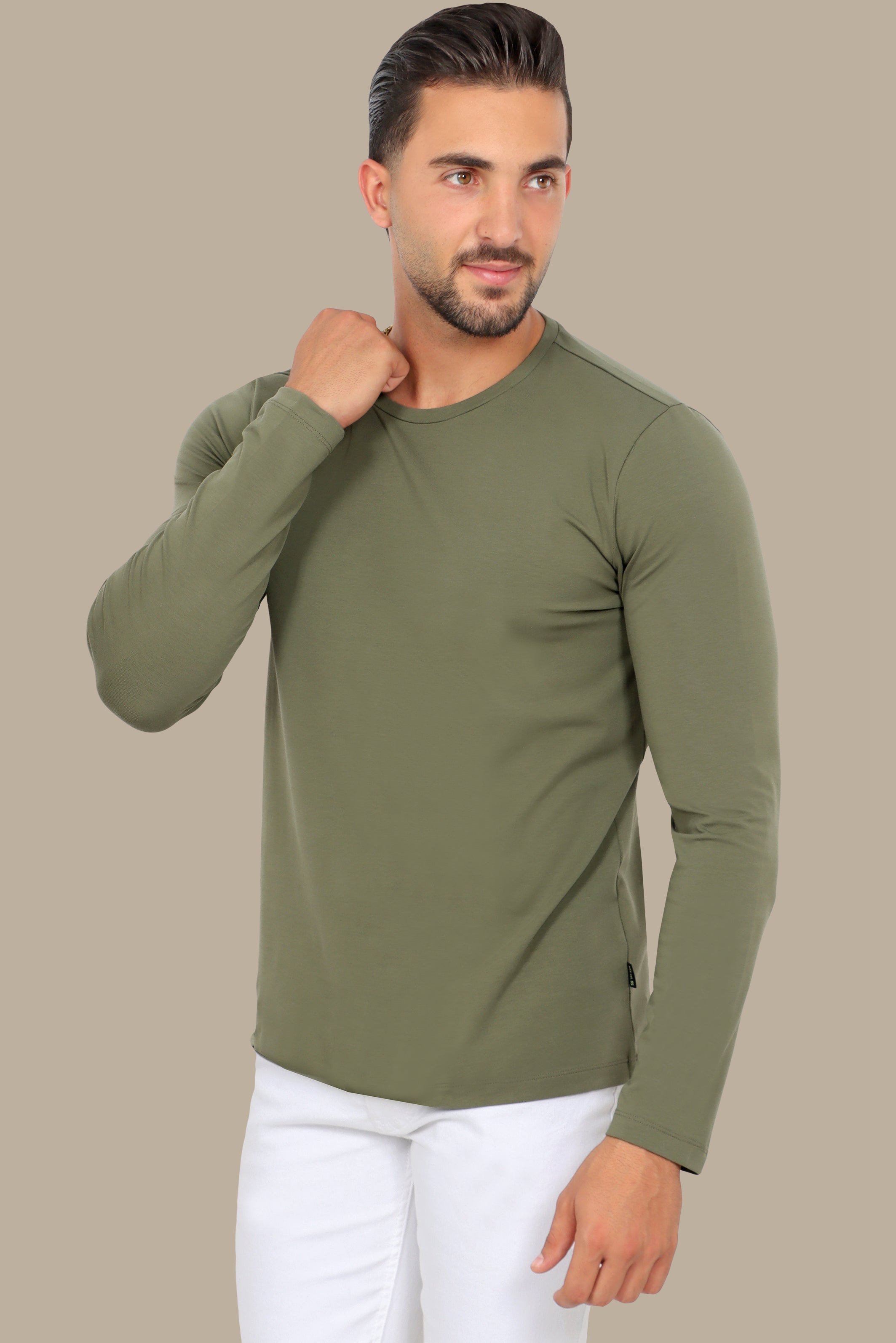 Khaki Long Sleeve Round Neck Top