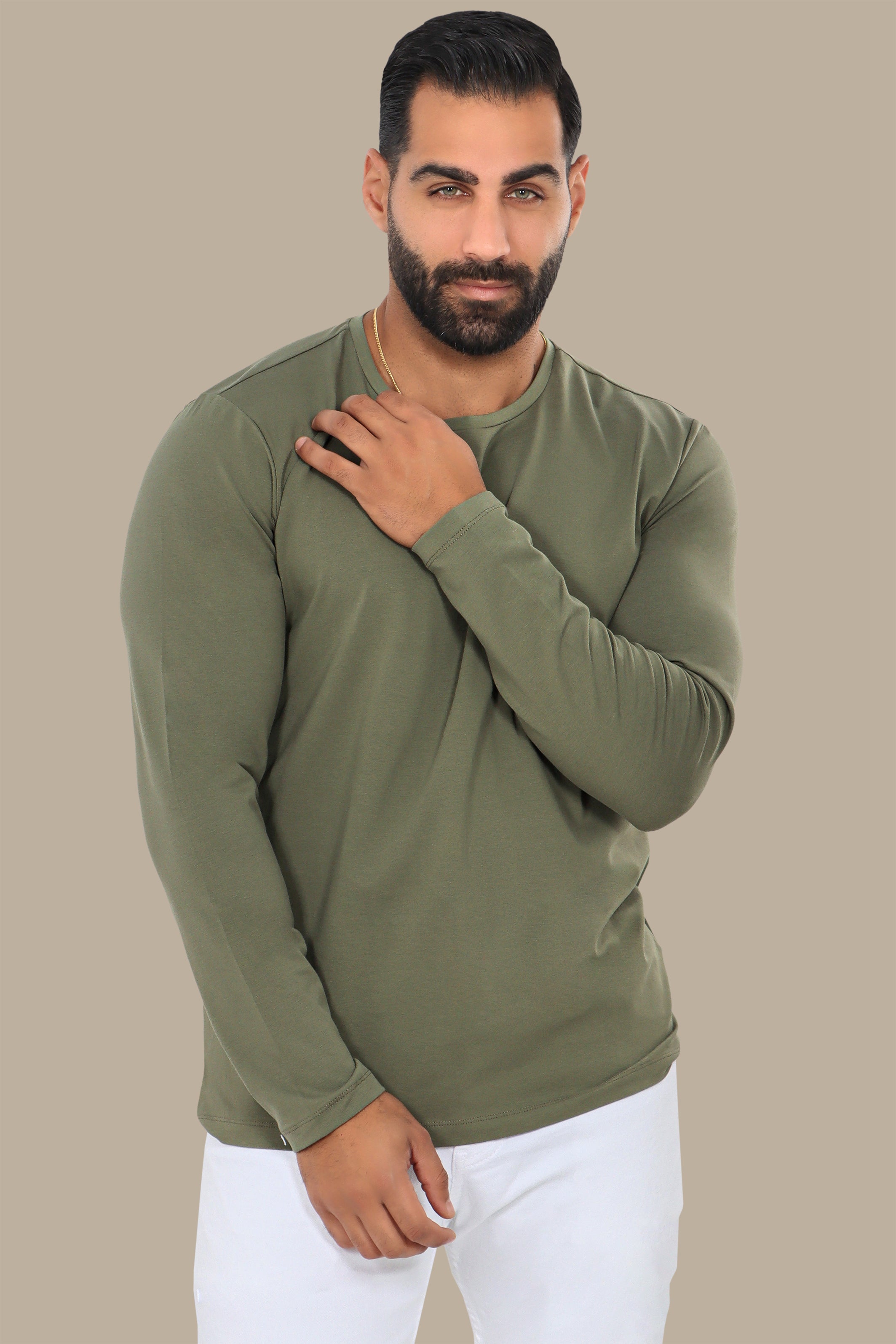 Khaki Long Sleeve Round Neck Top