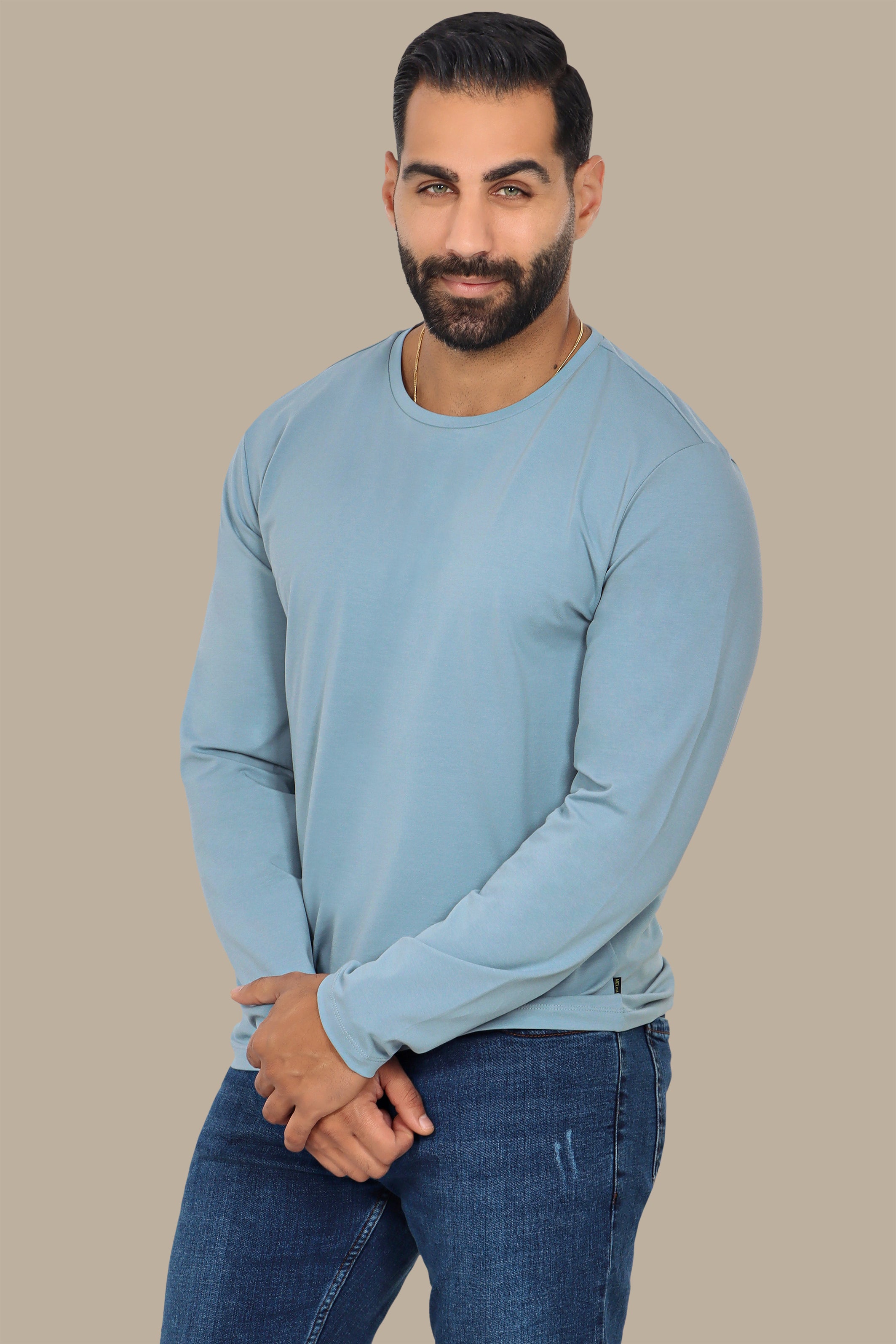 Light Blue Long Sleeve Round Neck Top