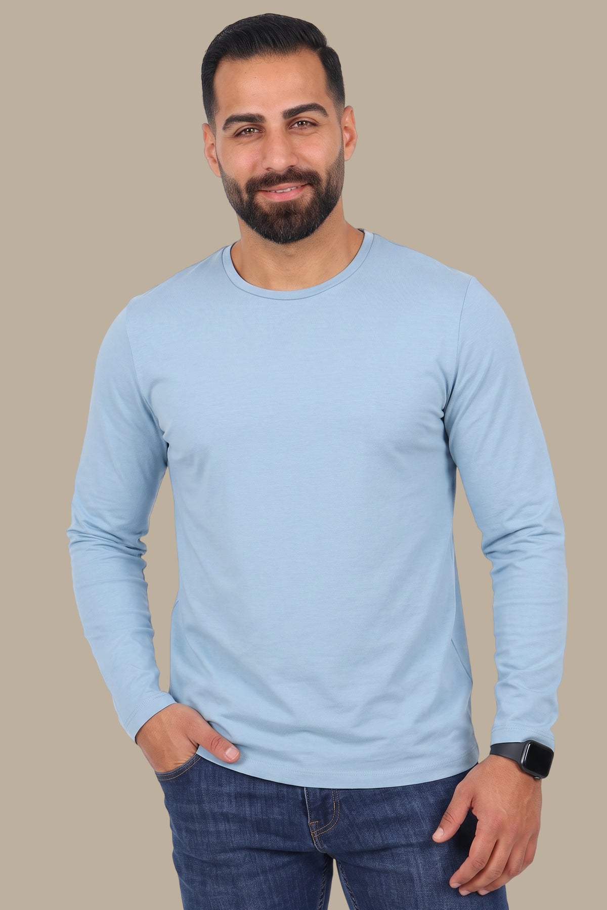 Light Blue Long Sleeve Round Neck Top