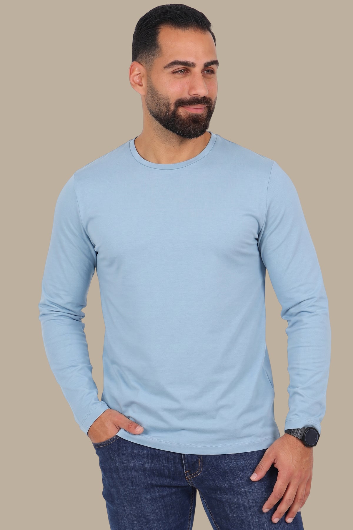 Light Blue Long Sleeve Round Neck Top