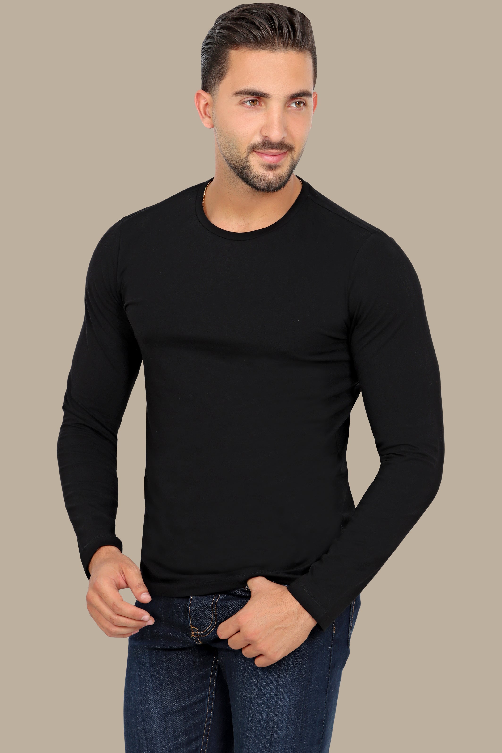 Black Basic Long Sleeve Top with Round Neck