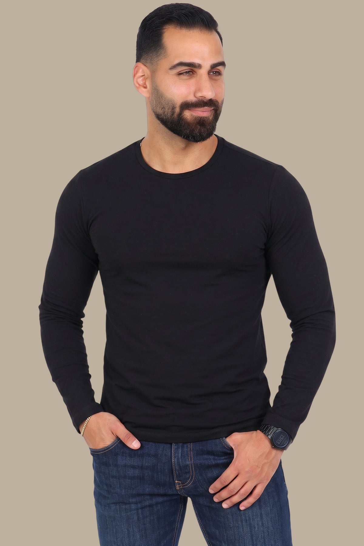 Black Basic Long Sleeve Top with Round Neck