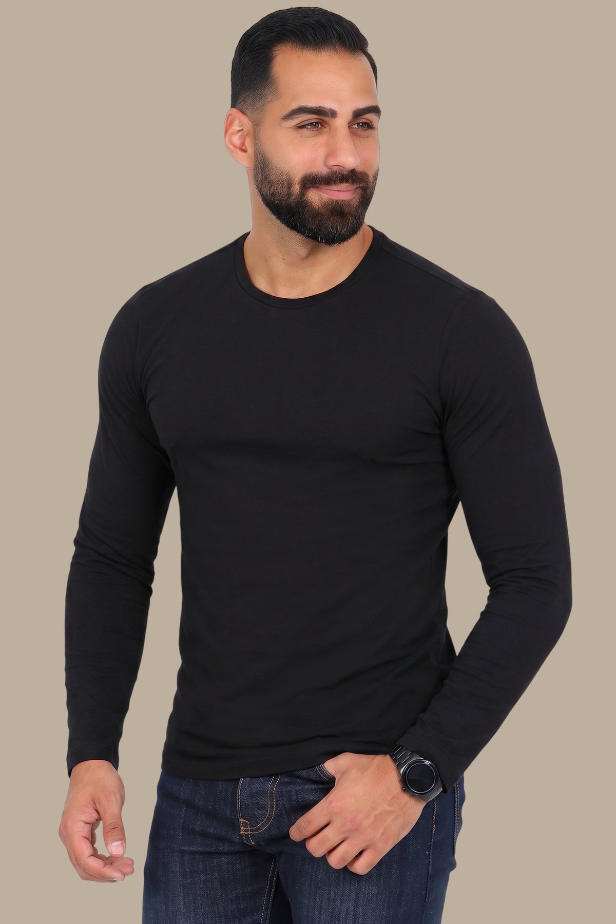 Black Basic Long Sleeve Top with Round Neck