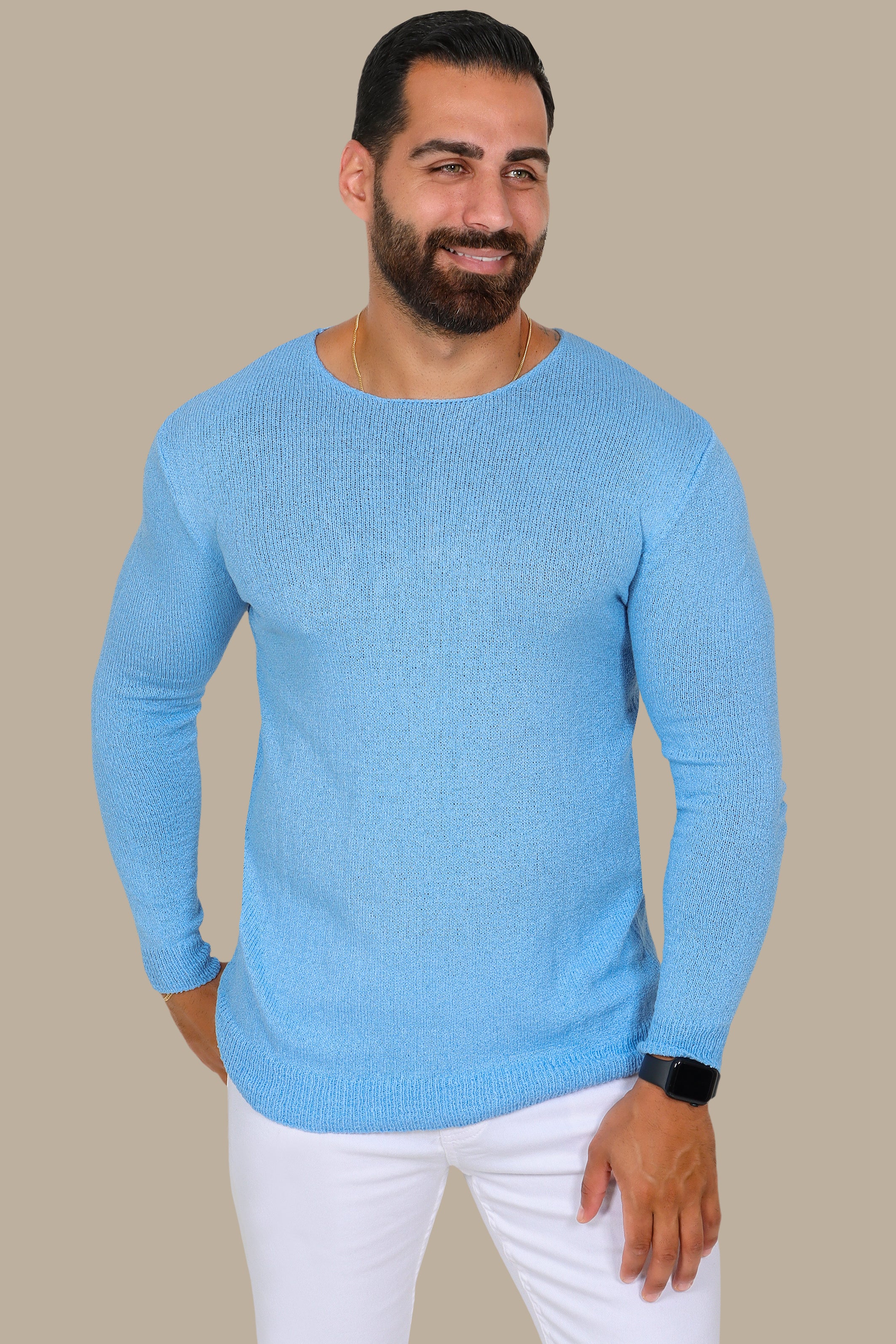 Classic Comfort: Light Blue Mercerized Plain Sweater