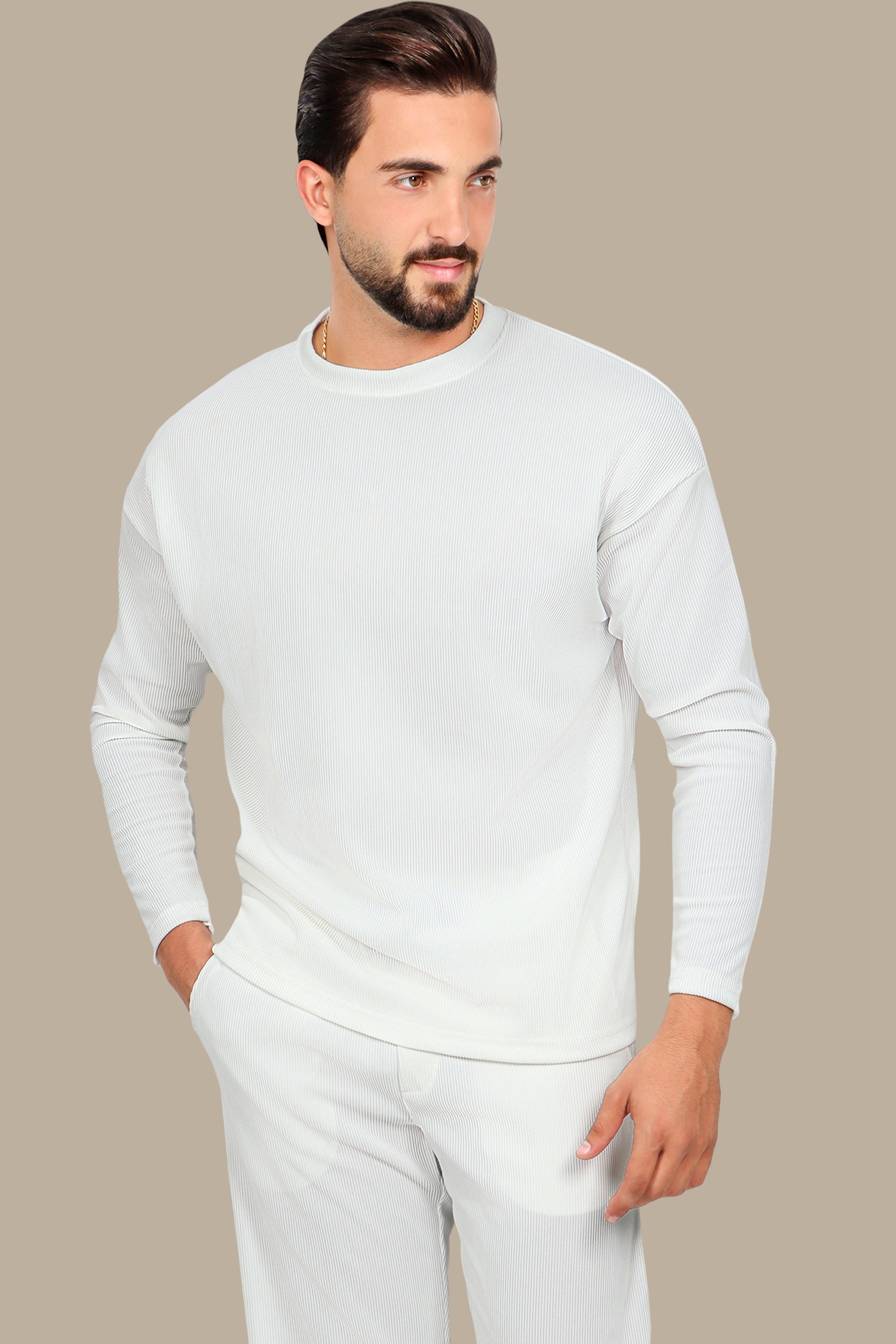 White Ribbed Round Neck Long Sleeve Sweater