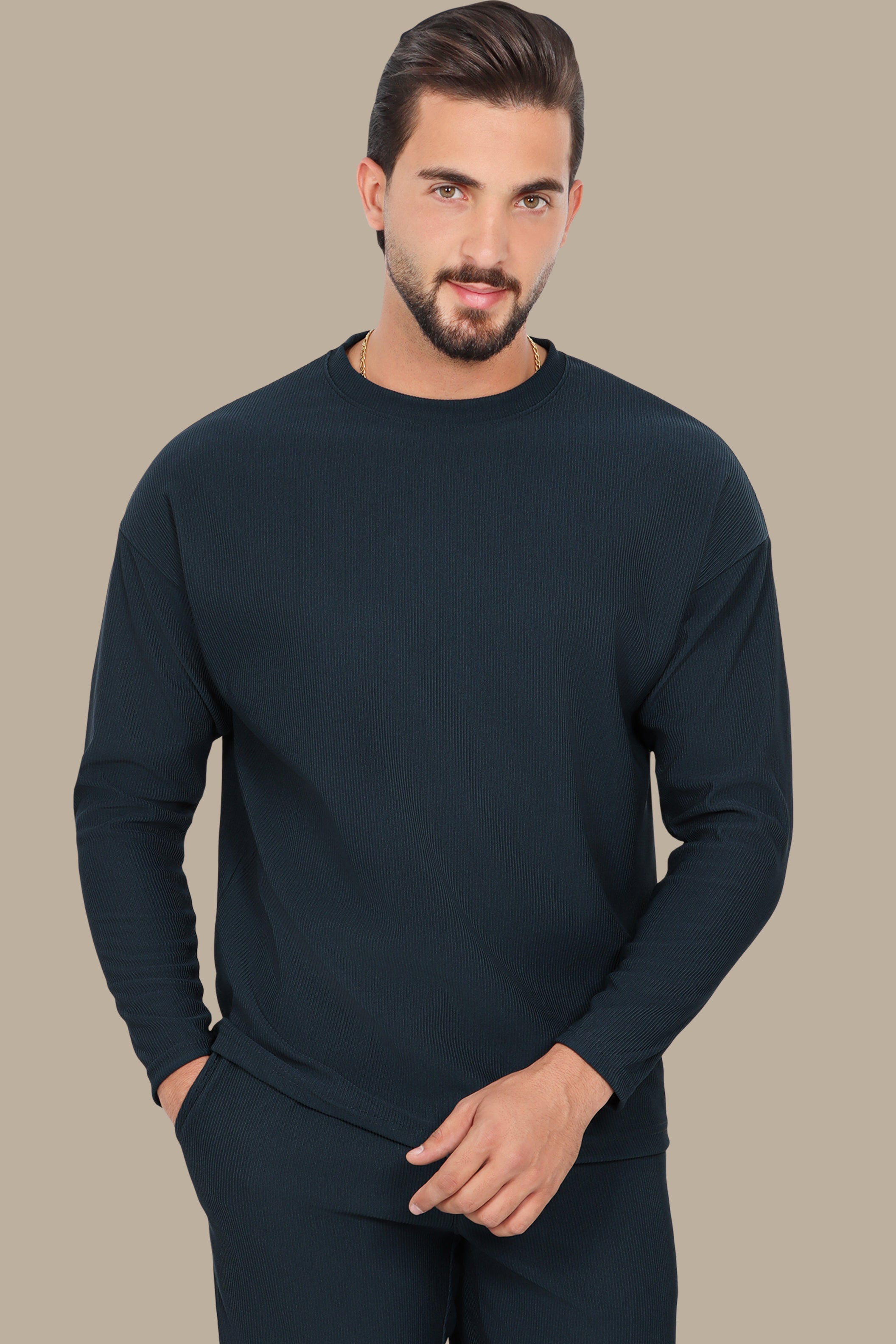 Petrol Ribbed Round Neck Long Sleeve Sweater