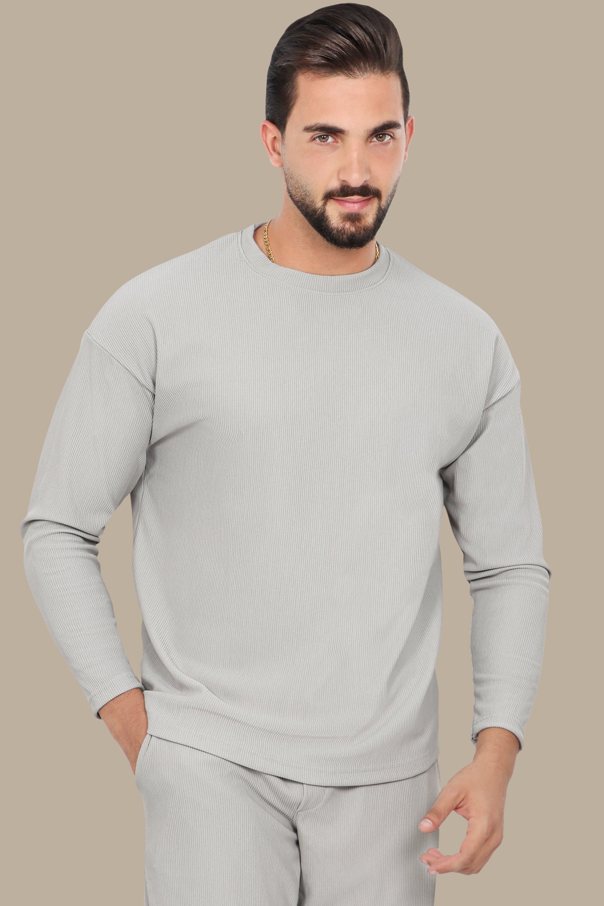 Grey Ribbed Round Neck Long Sleeve Sweater