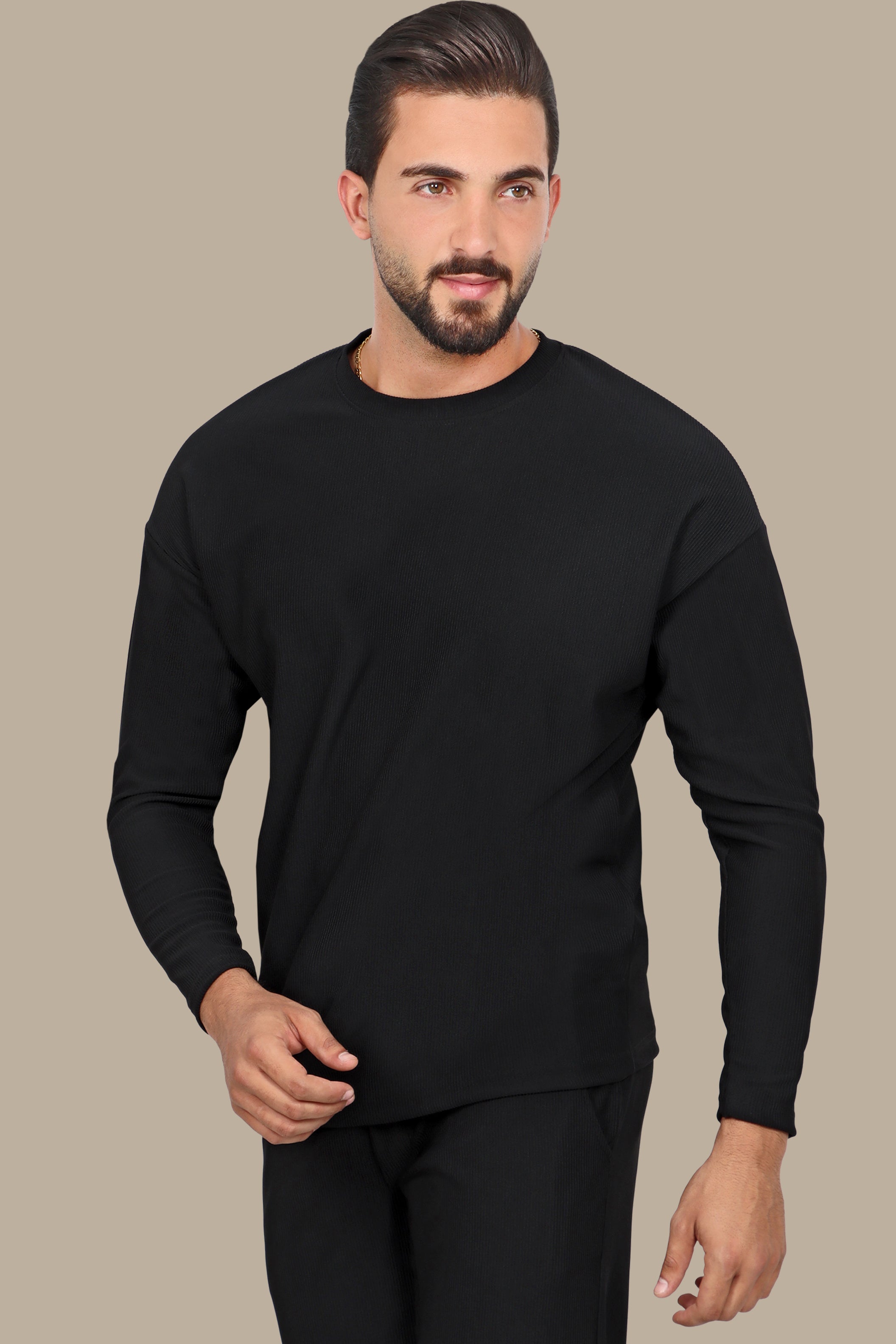 Black Ribbed Round Neck Long Sleeve Sweater