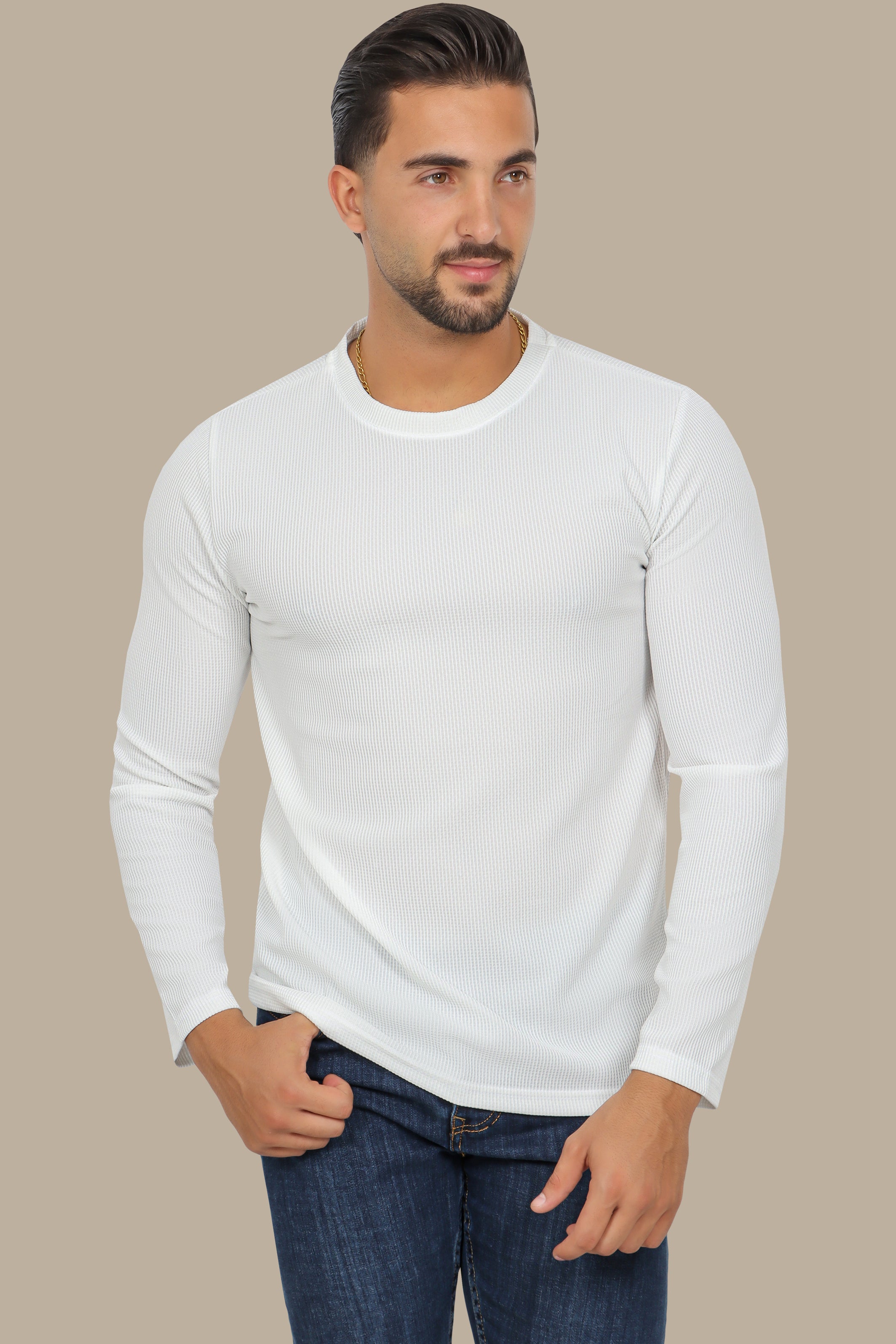 White Round Neck Structured Sweater