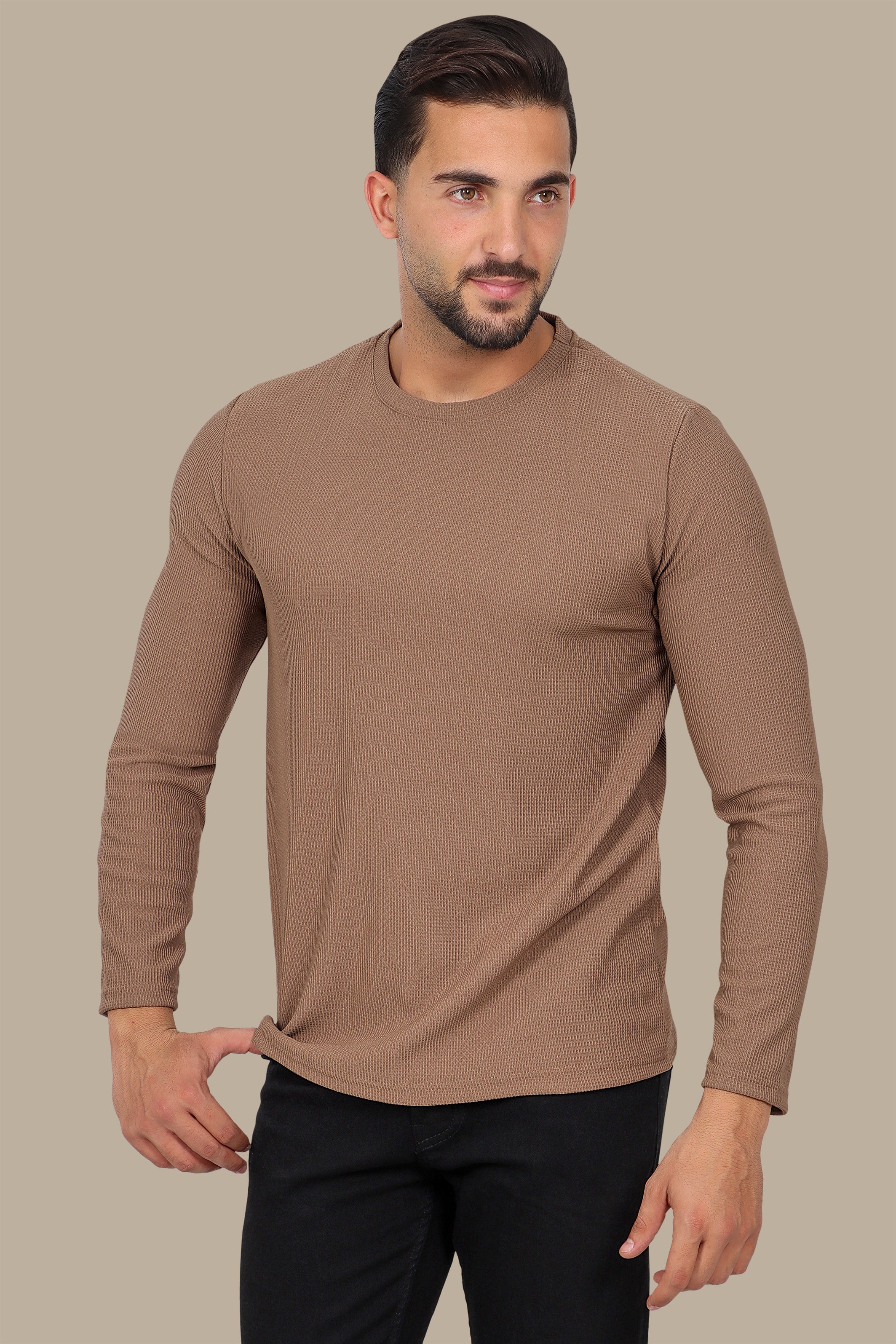 Light Brown Round Neck Structured Sweater