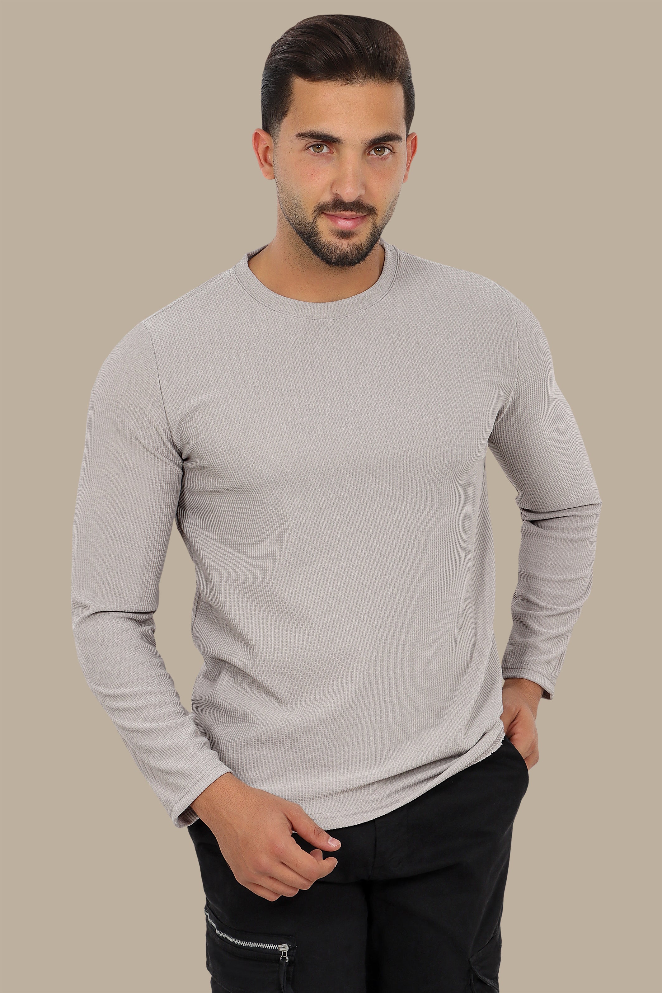 Grey Round Neck Sweater with Structured Sleeves