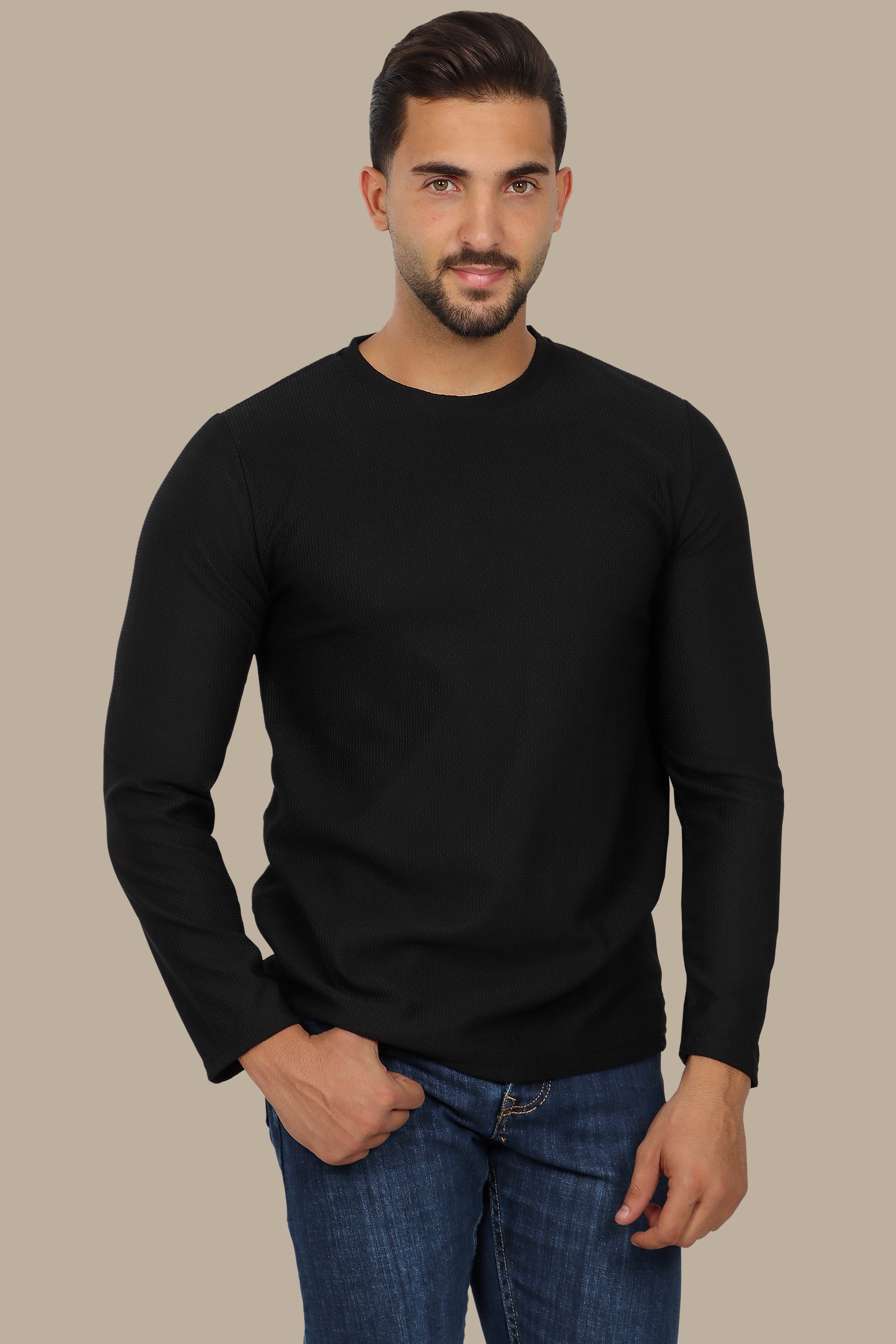 Round Neck Black Sweater with Structured Long Sleeves