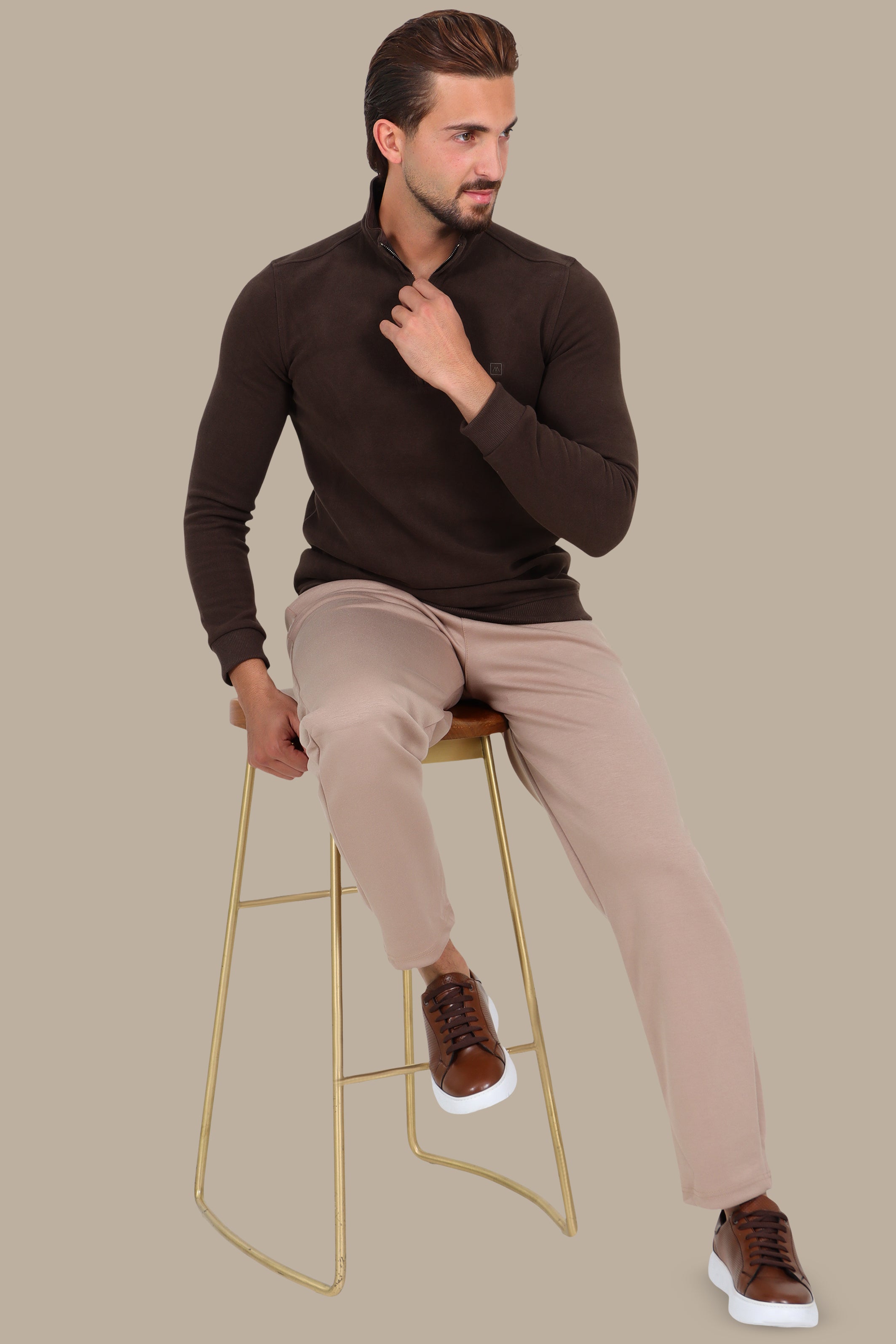 Half-Zipper Velvet Sweater in Brown