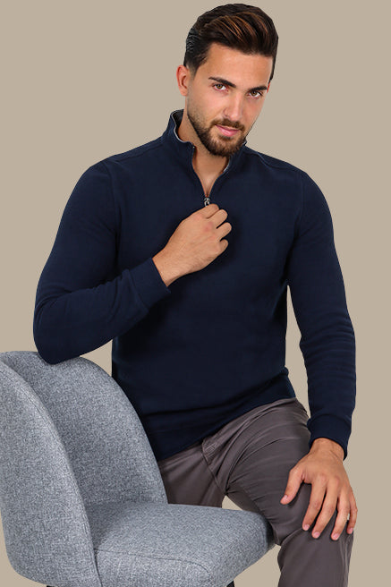 Luxurious Comfort: Navy Velvet Half-Zipper Sweater
