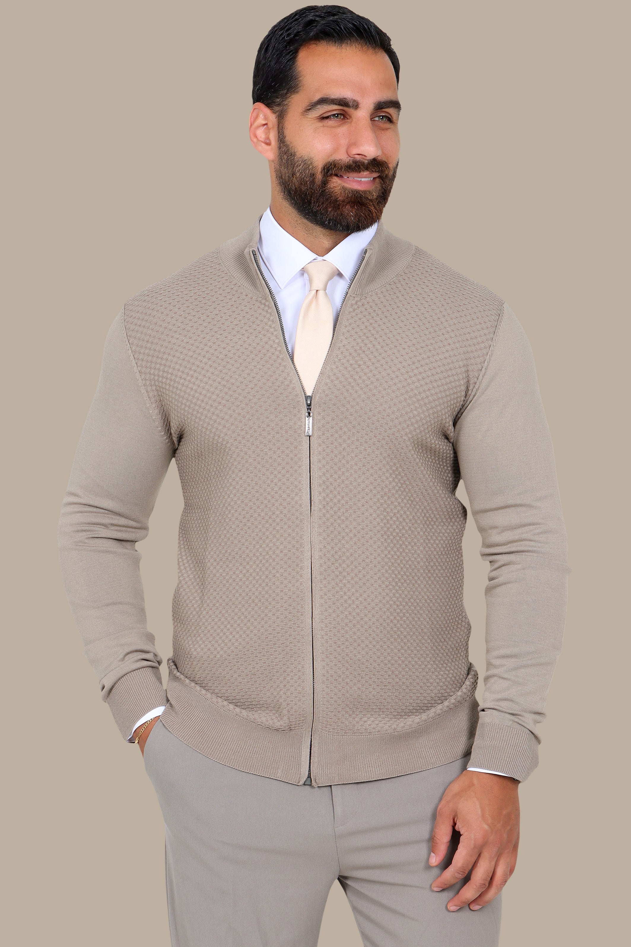Beige Full-Zip Cardigan with Honey Print