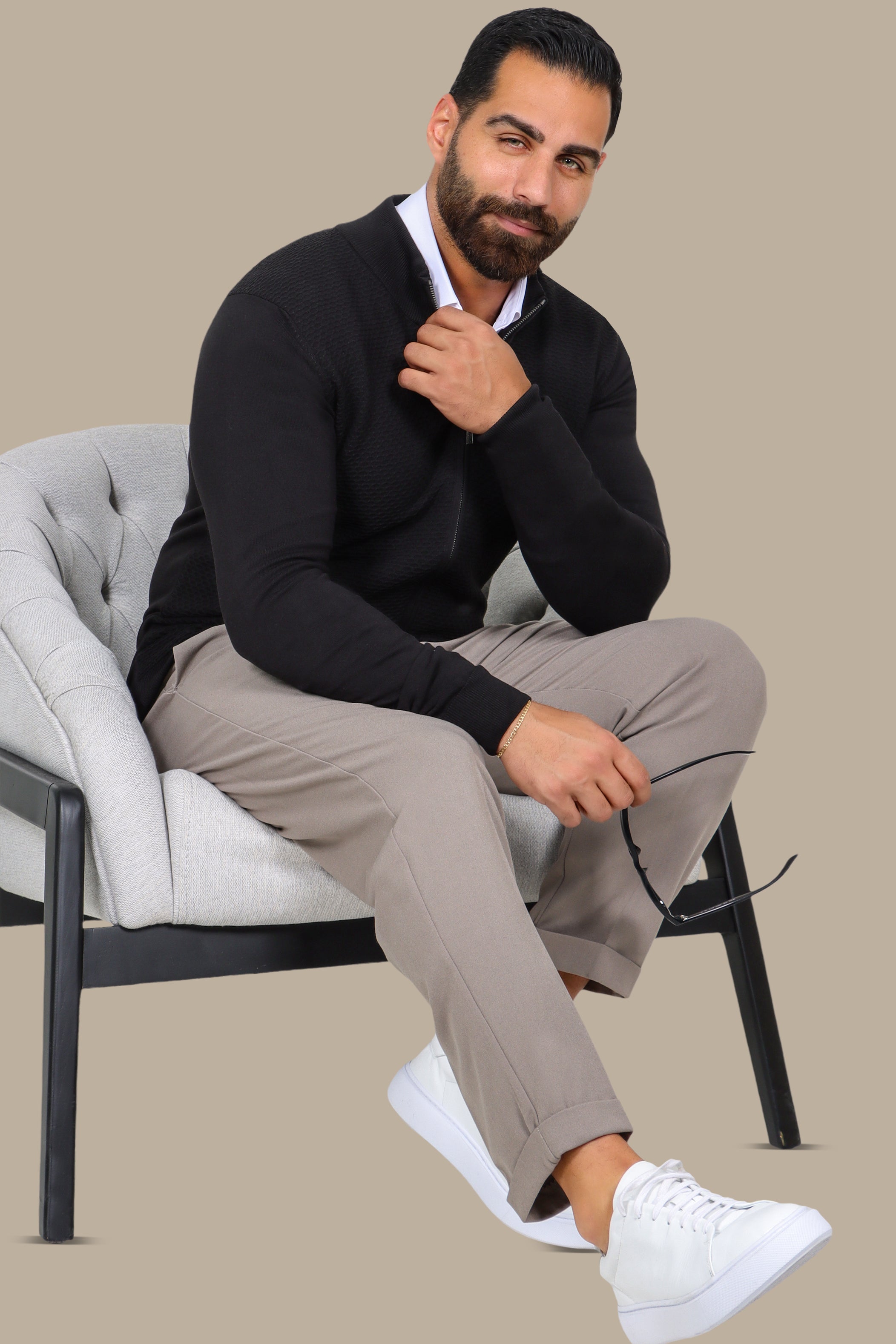 Black Full-Zip Cardigan with Honey Print