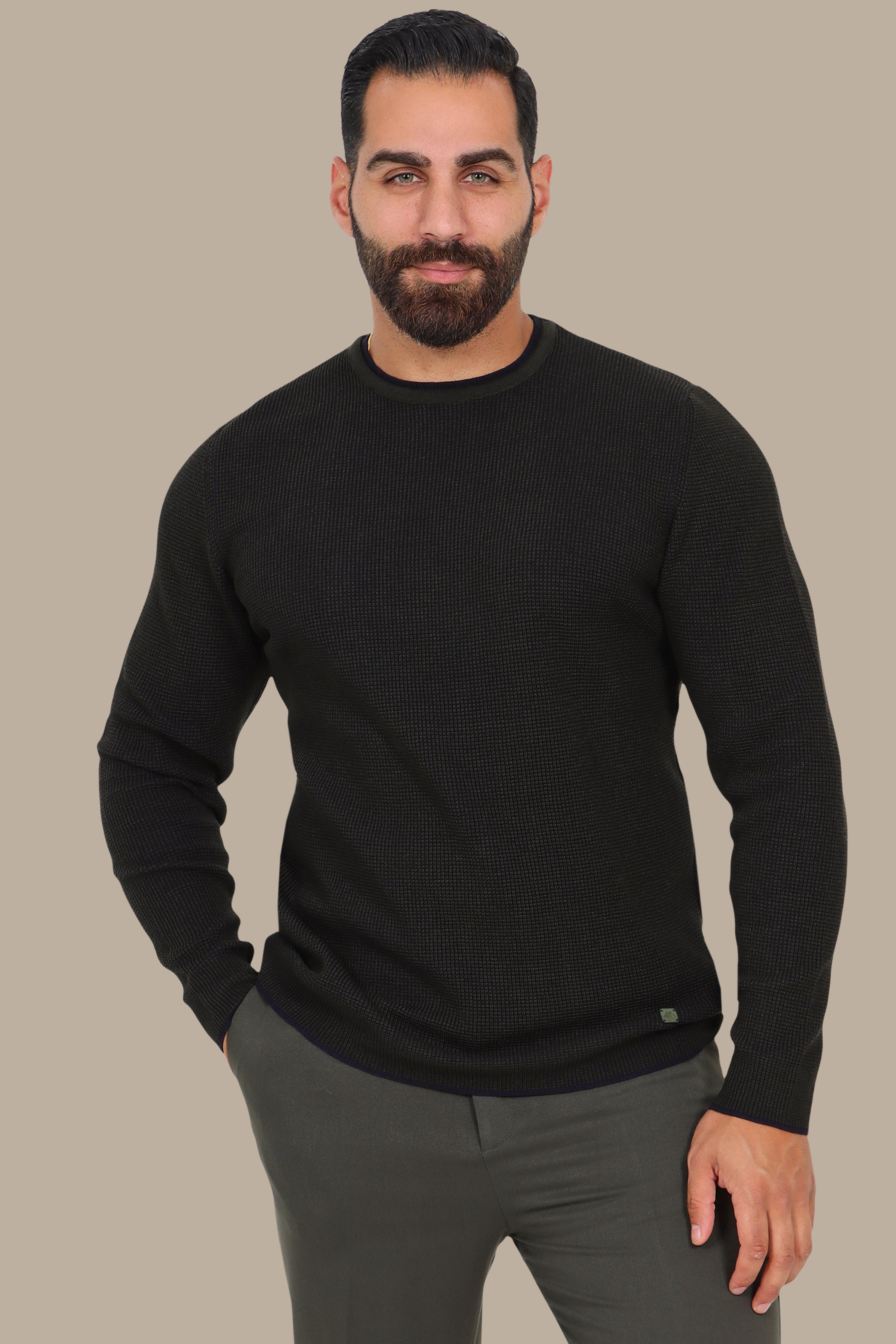 Chic Design: Dark Green Structured Patterned Top with Double Collar