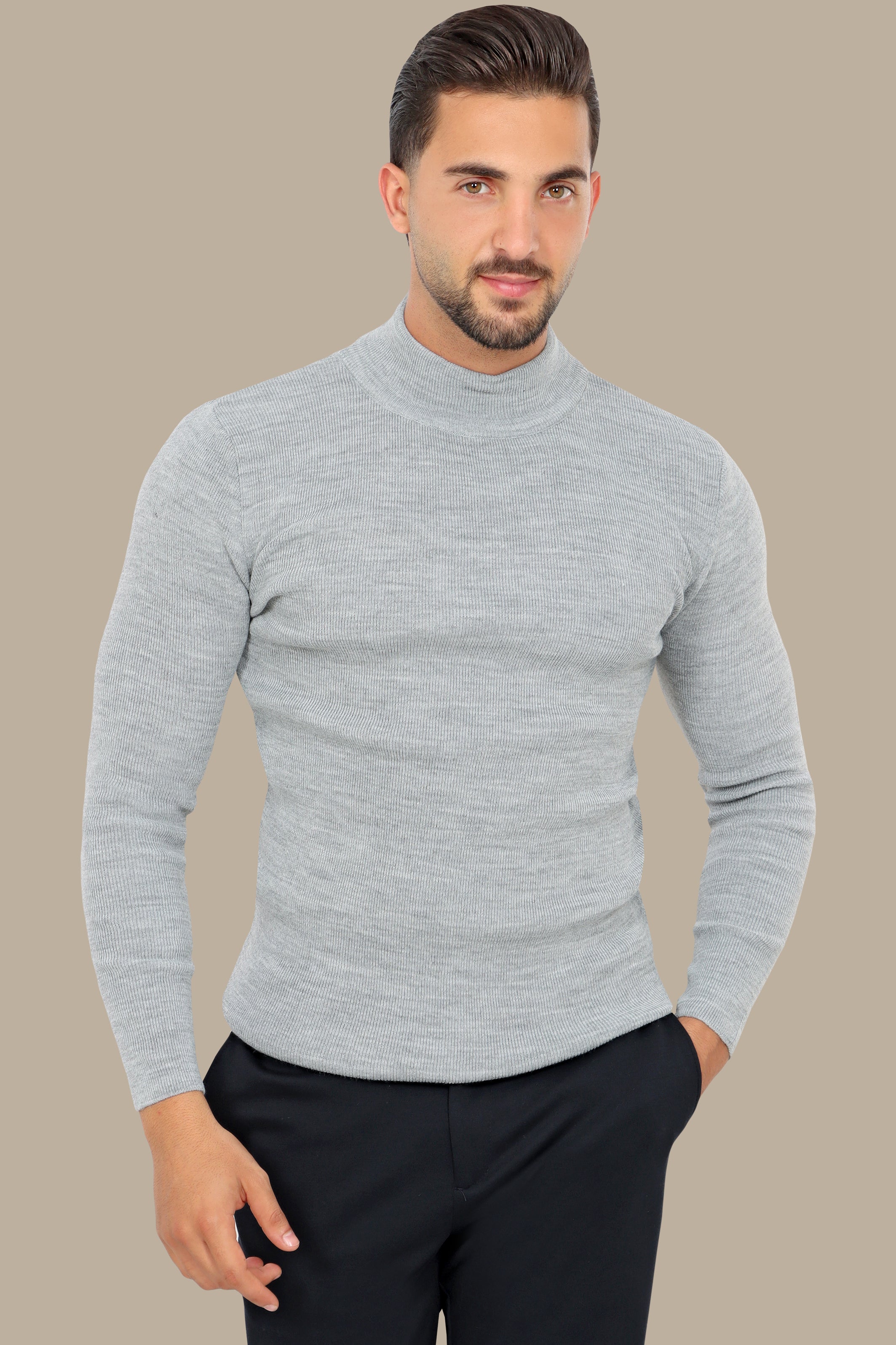 Grey High Neck Basic Sweater