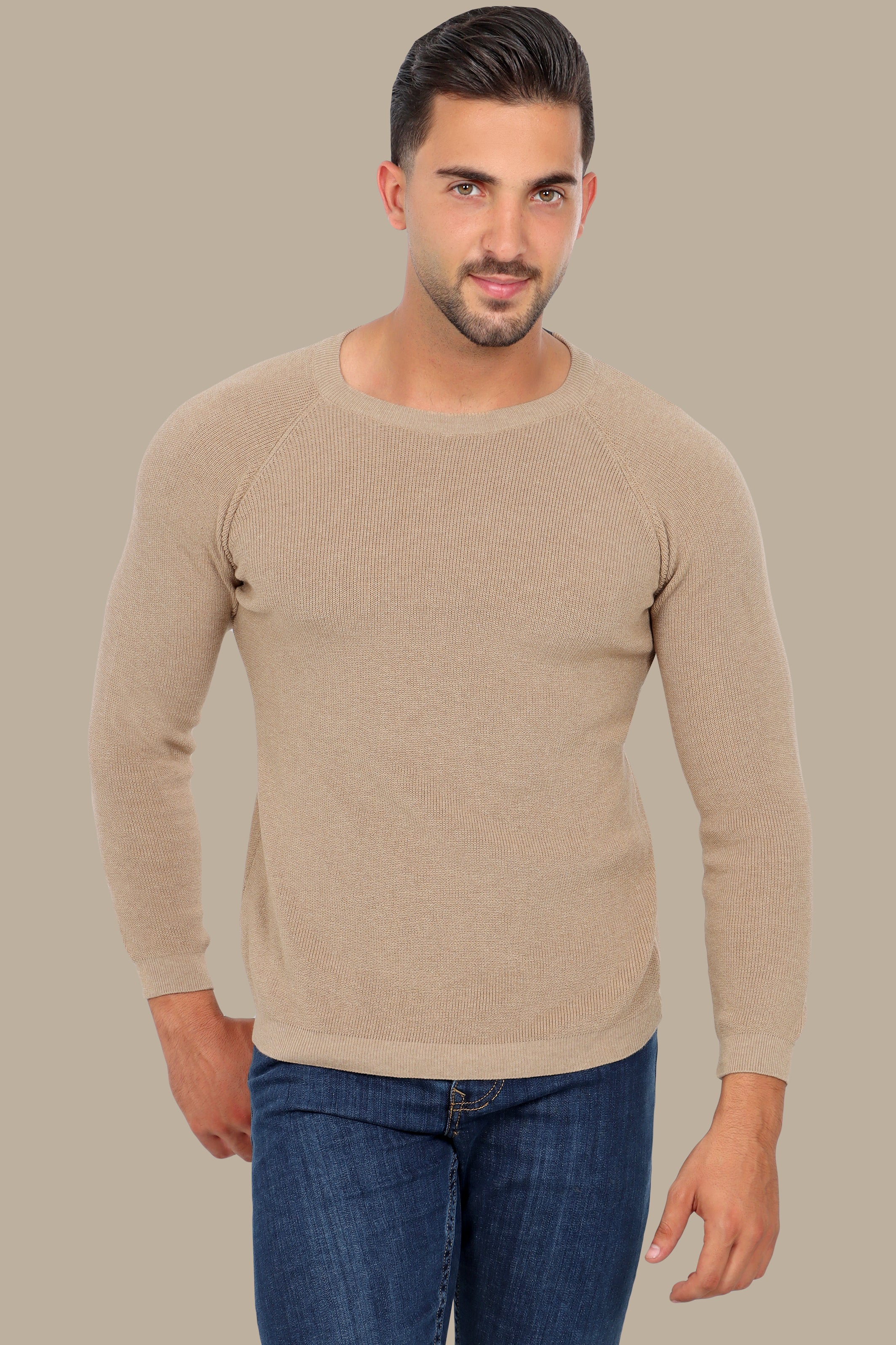 Sophisticated Style: Beige Round Neck Sweater with Shoulder Cups