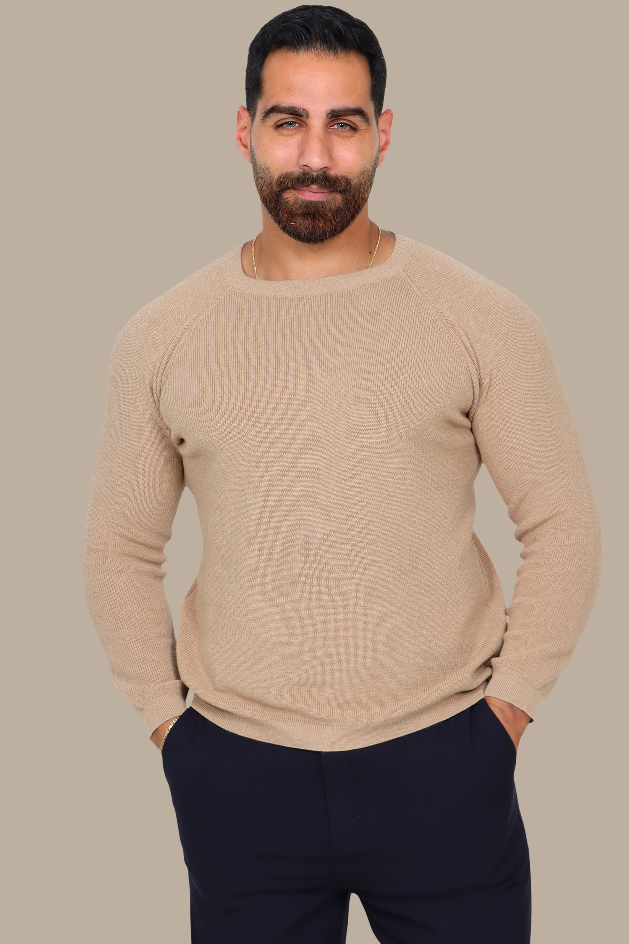 Sophisticated Style: Beige Round Neck Sweater with Shoulder Cups