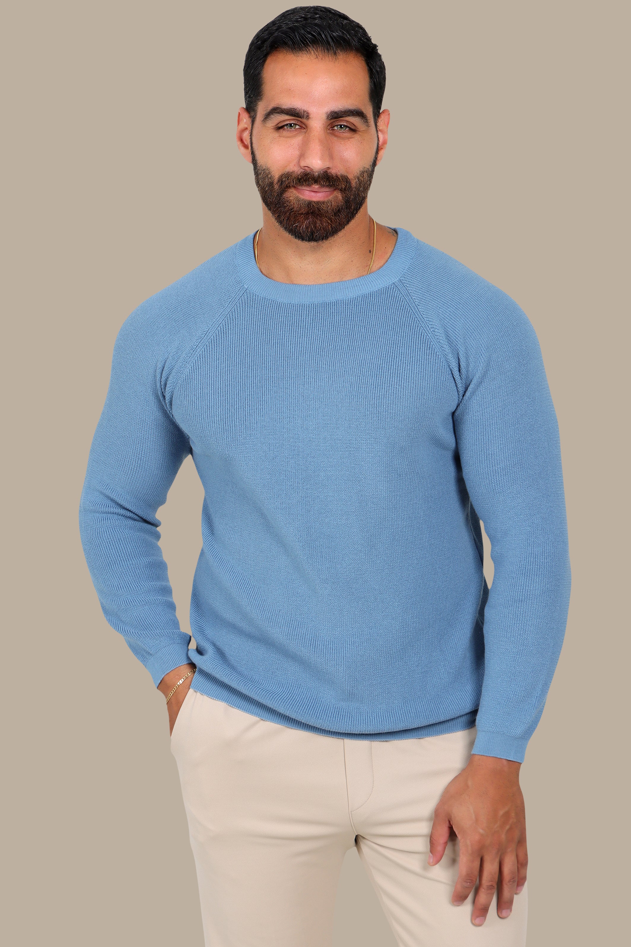 Sophisticated Style: Light Blue Round Neck Sweater with Shoulder Cups