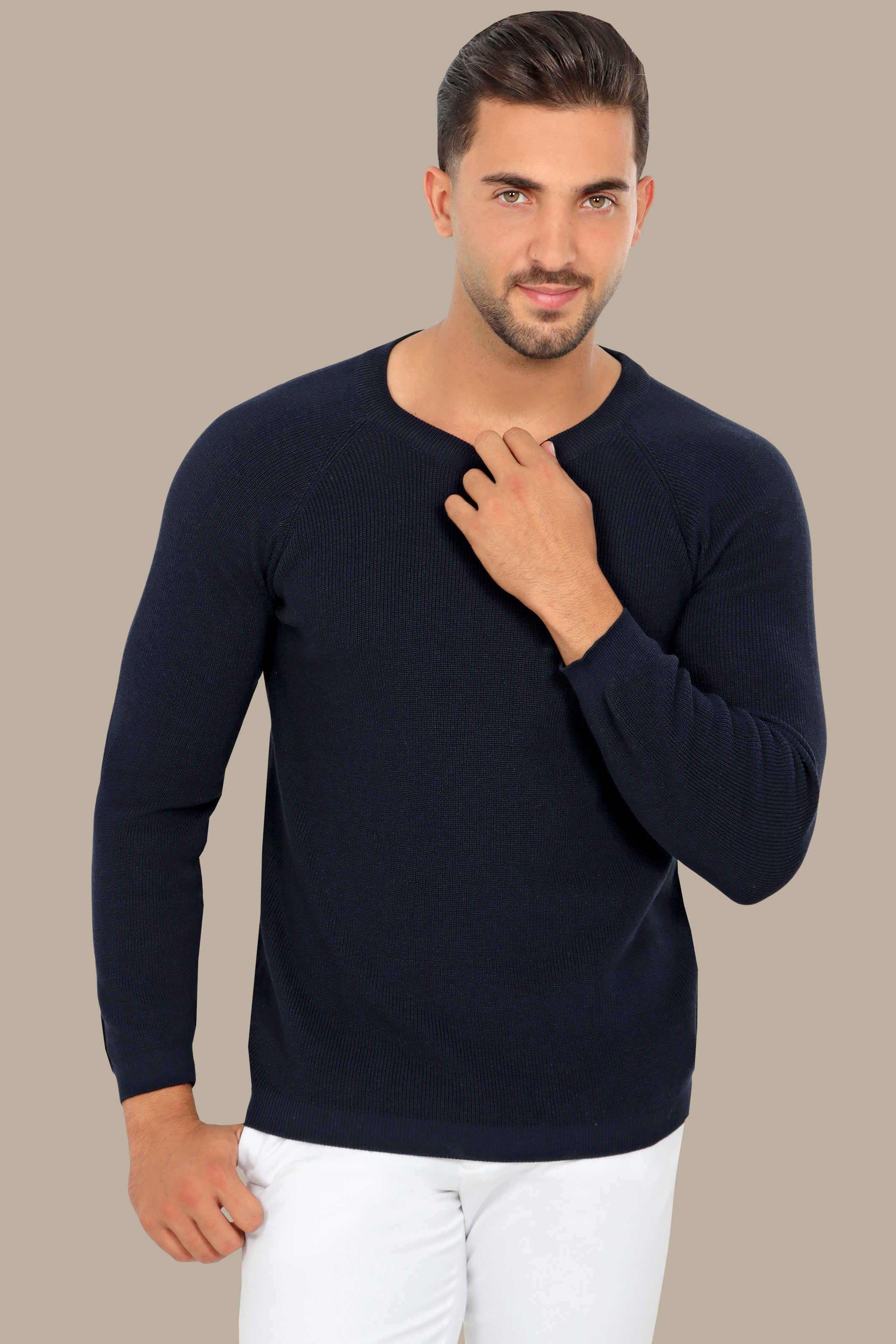 Navy Round Neck Sweater with Shoulder Cup