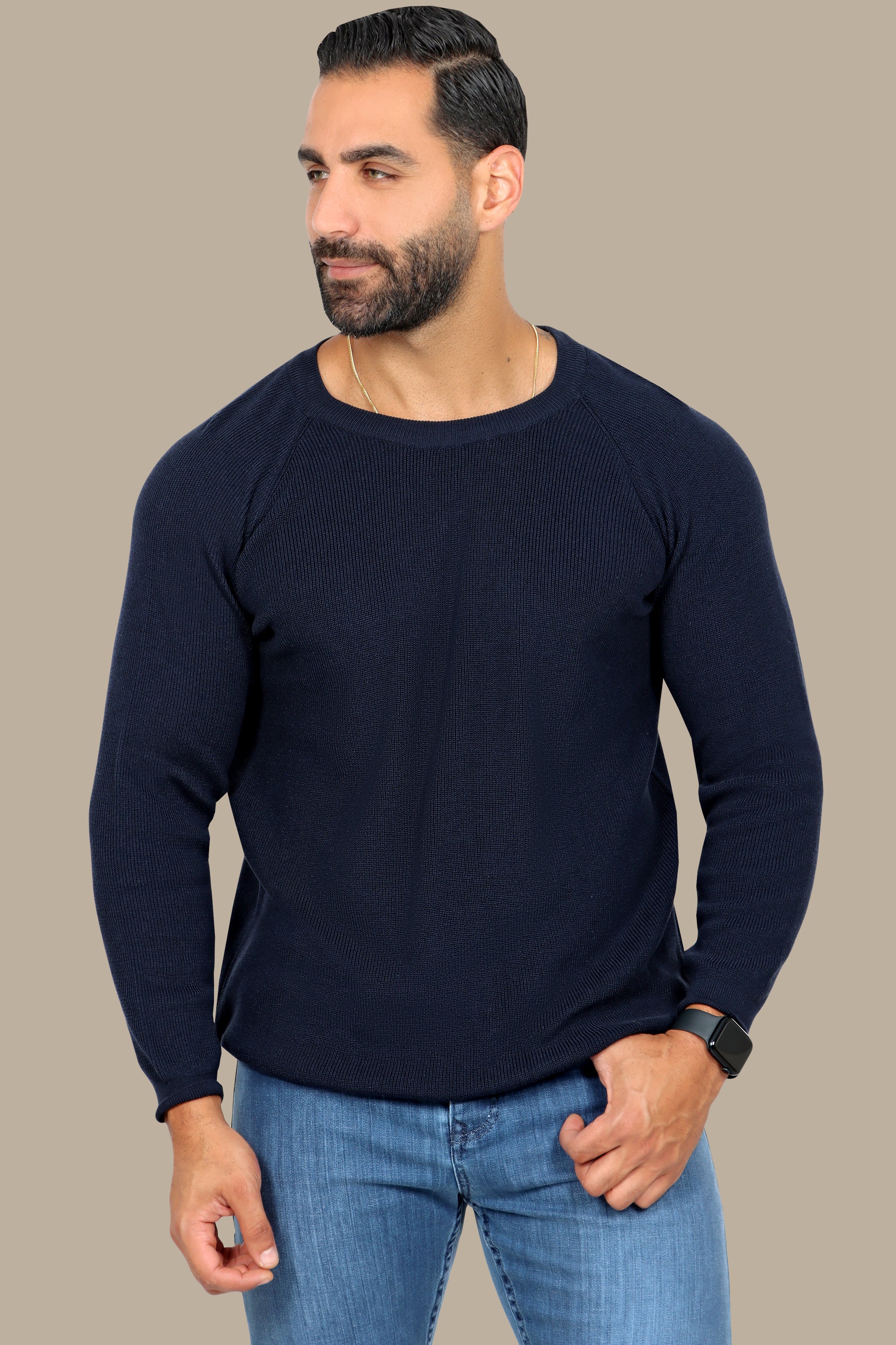 Navy Round Neck Sweater with Shoulder Cup