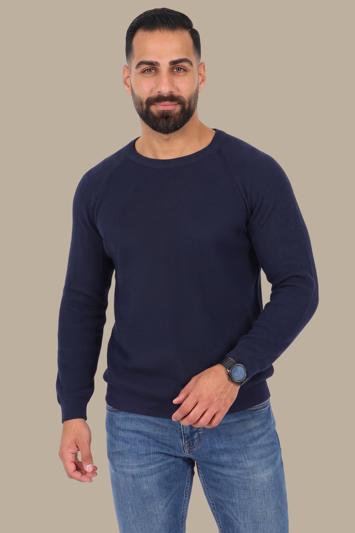 Navy Round Neck Sweater with Shoulder Cup