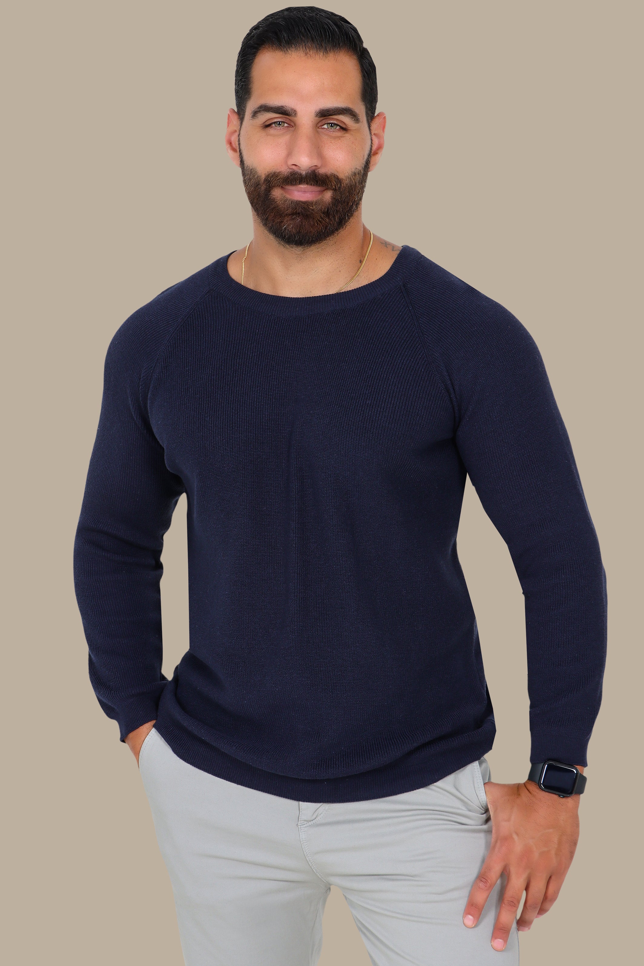 Navy Round Neck Sweater with Shoulder Cup