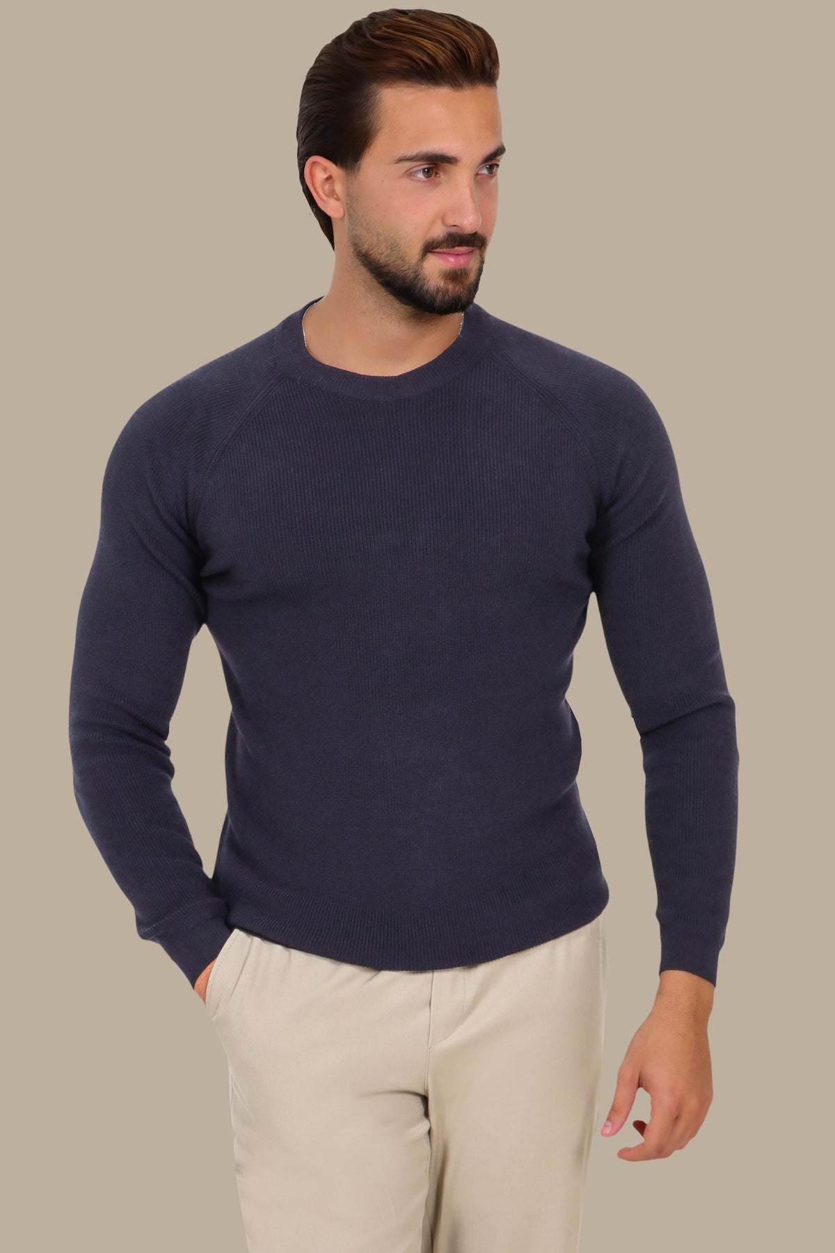 Round Neck Shoulder-Cup Sweater – Navy