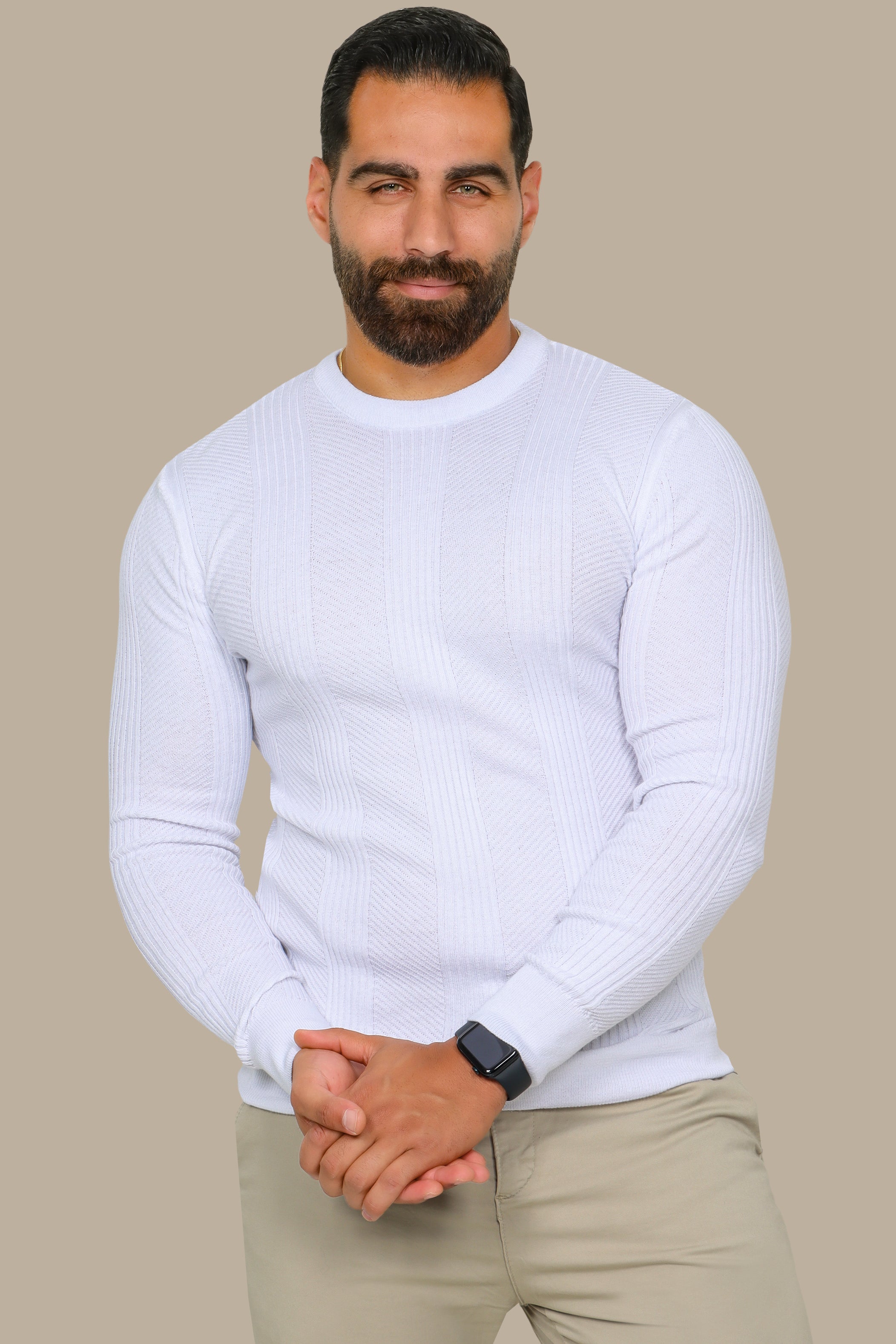 White Structured Sweater with 3 Wide Lines