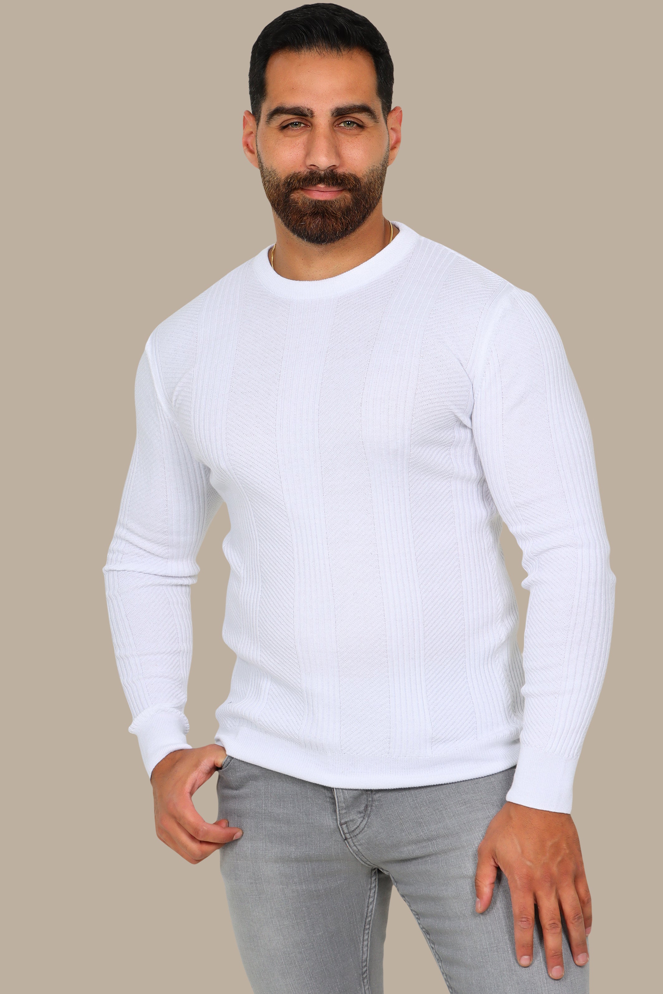 White Structured Sweater with 3 Wide Lines