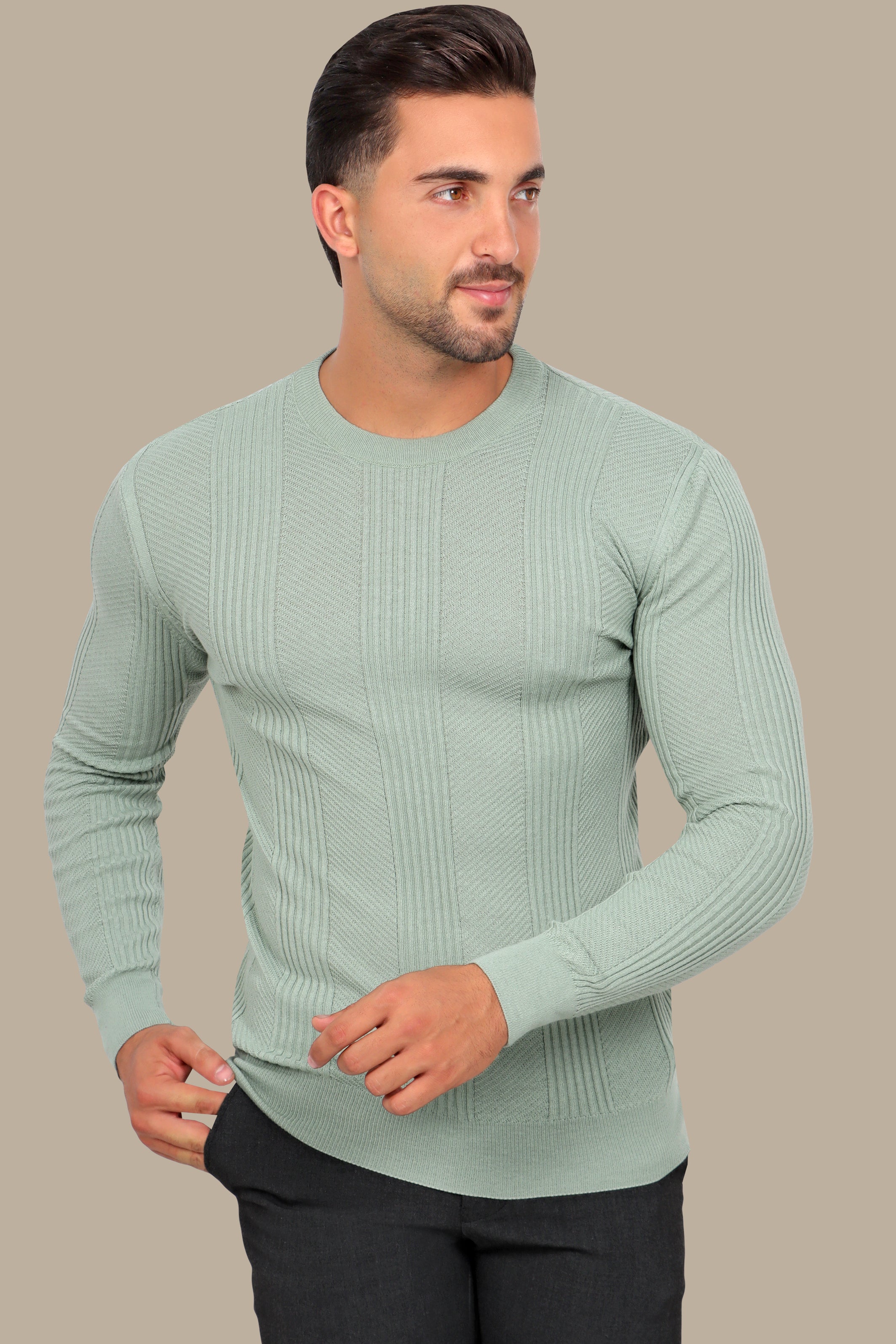 Light Green Structured Sweater with 3 Wide Lines