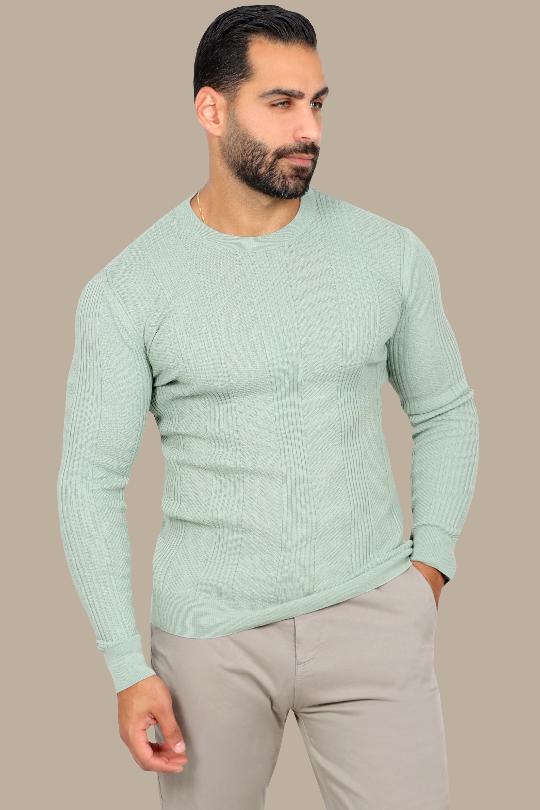 Light Green Structured Sweater with 3 Wide Lines