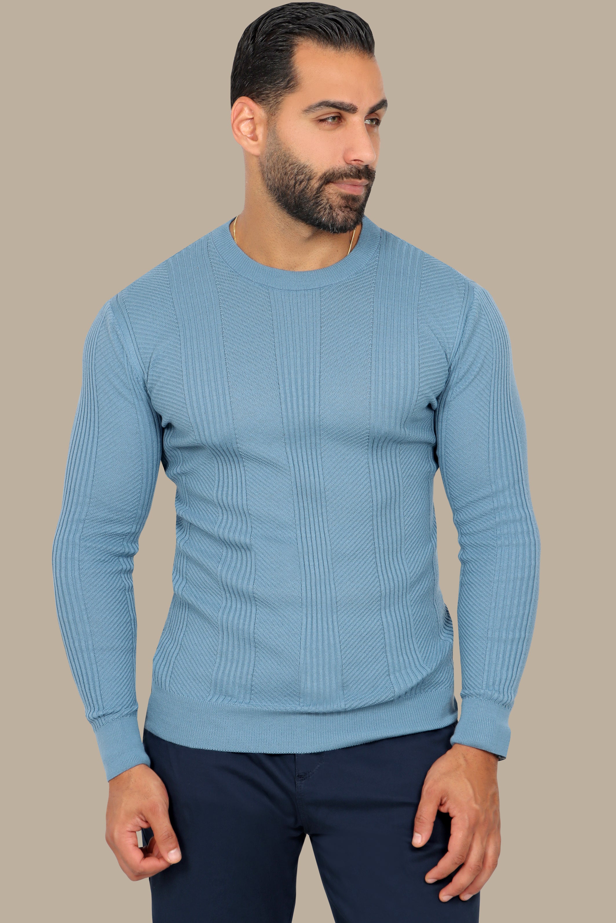 Stylish Design: Light Blue Structured Sweater with Three Wide Lines