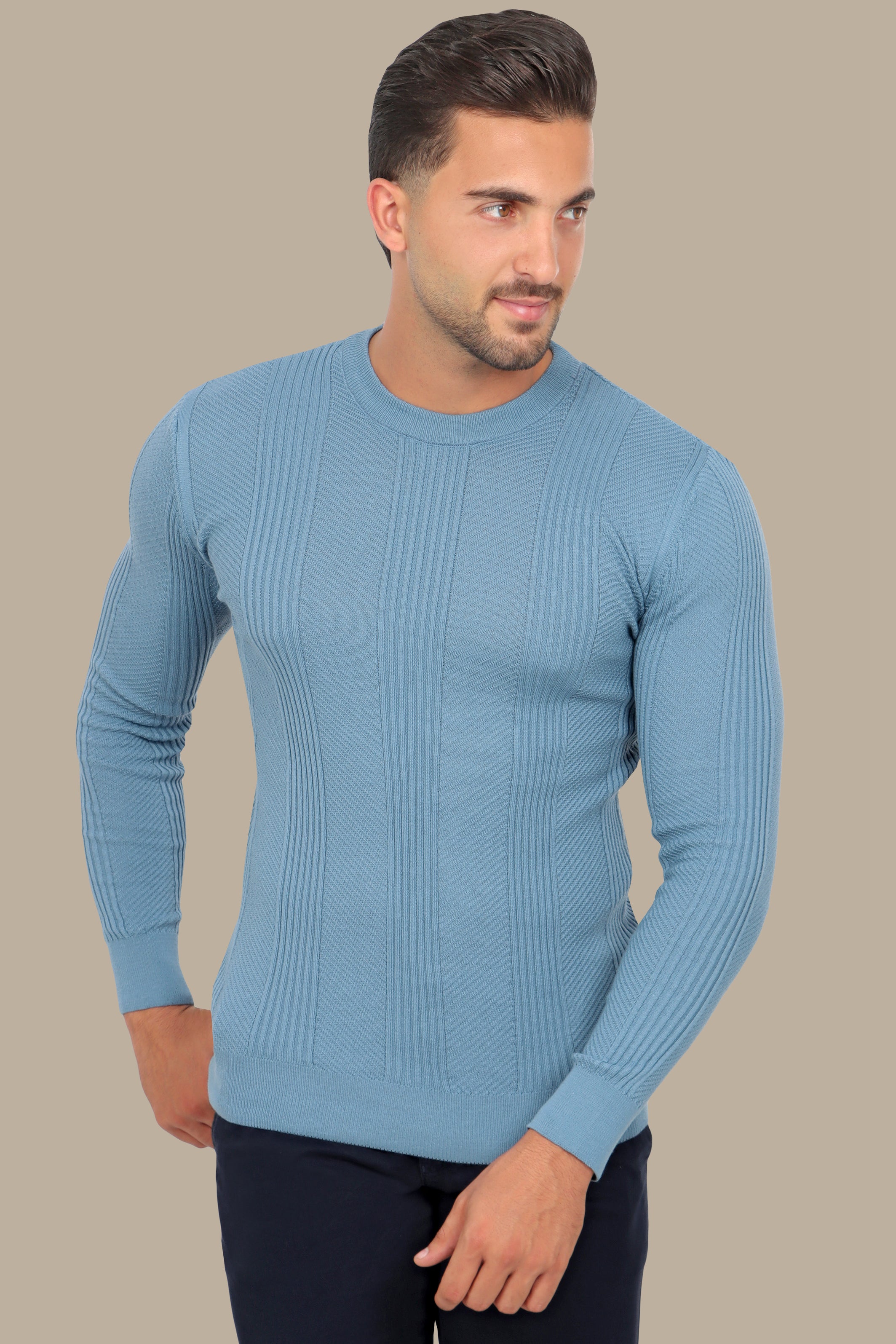 Stylish Design: Light Blue Structured Sweater with Three Wide Lines