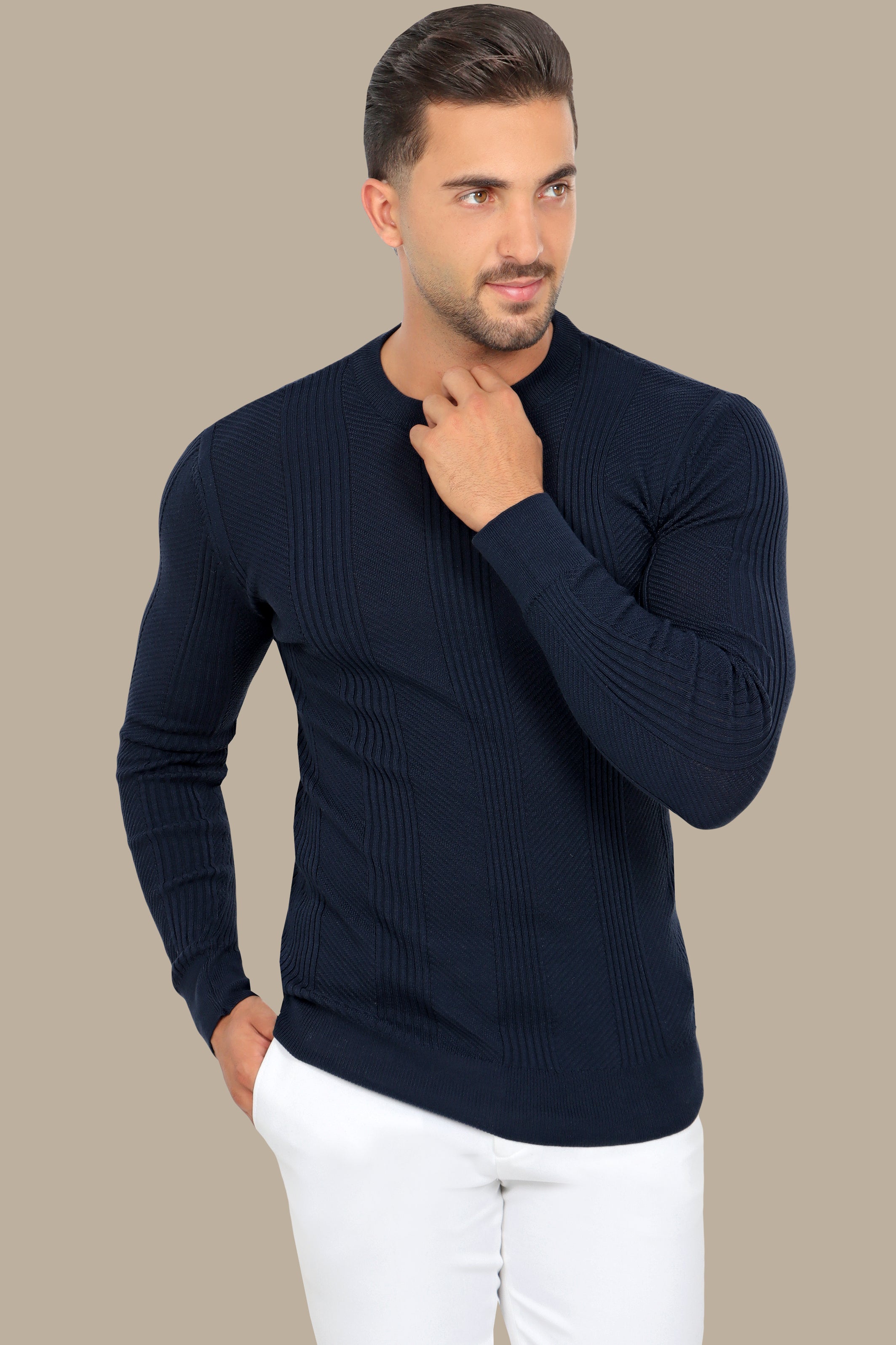 Navy Structured Sweater with 3 Wide Lines