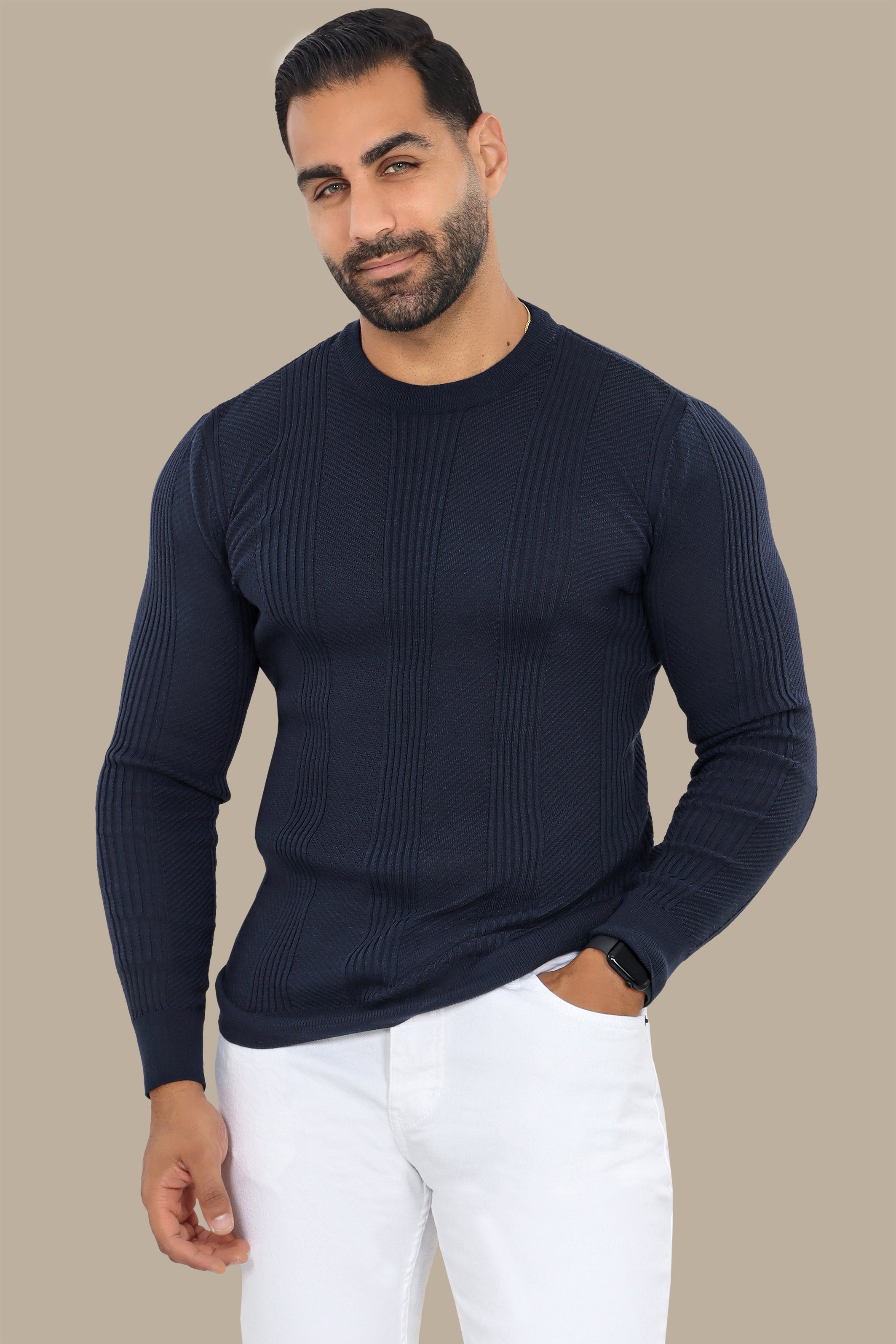 Navy Structured Sweater with 3 Wide Lines