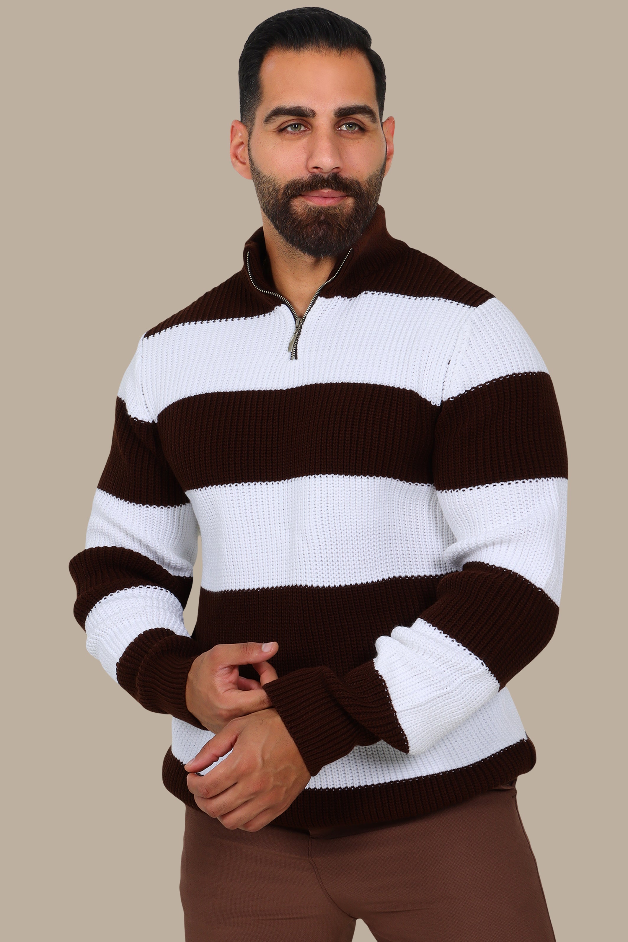 Brown Mercerized Half-Zip Sweater with Wide Stripes