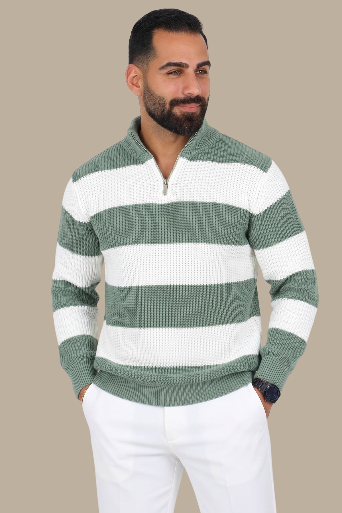 Half-Zip Sweater Mercerized Wide Stripes Light Green