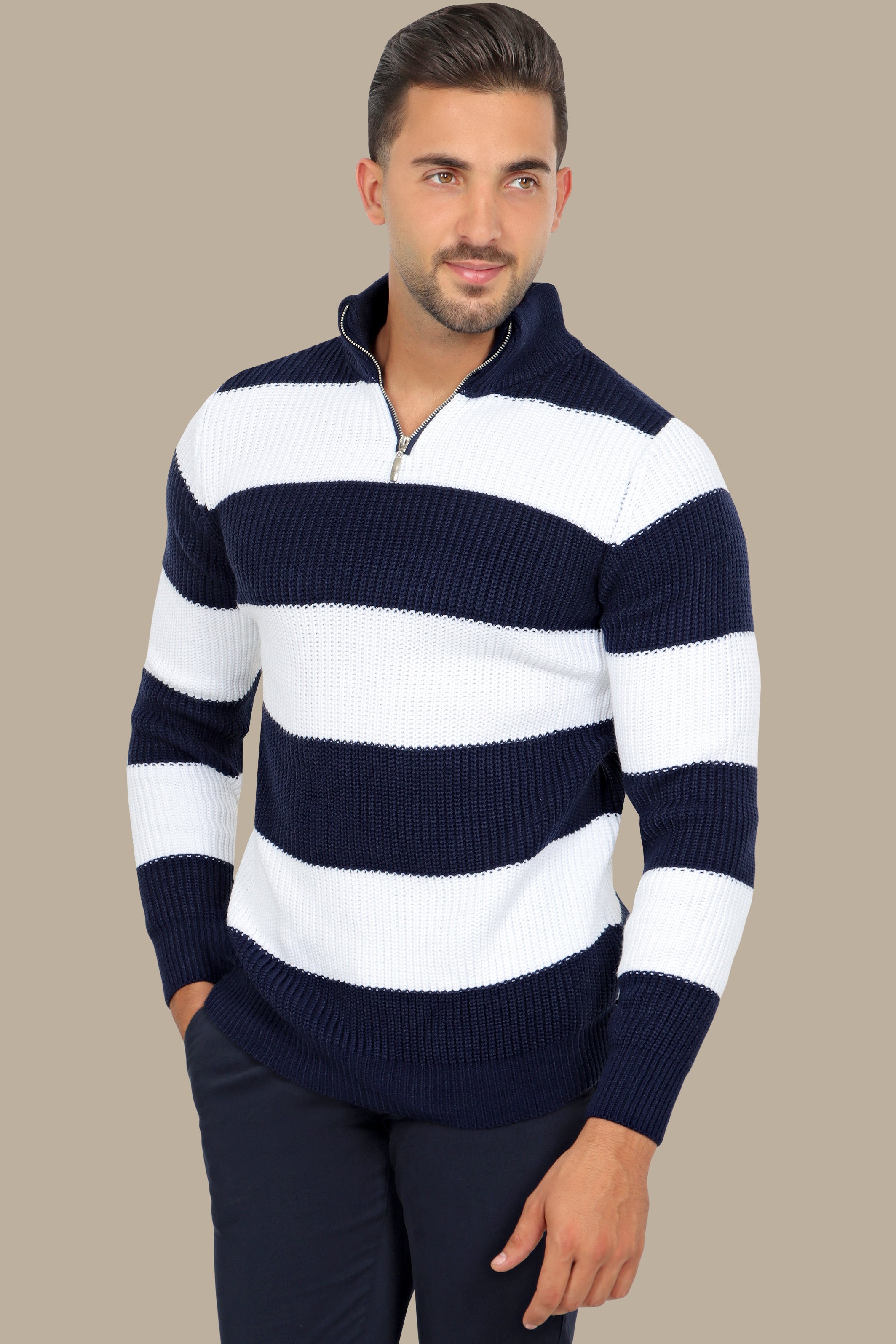 Contemporary Style: Navy Mercerized Half-Zipper Sweater with Wide Stripes