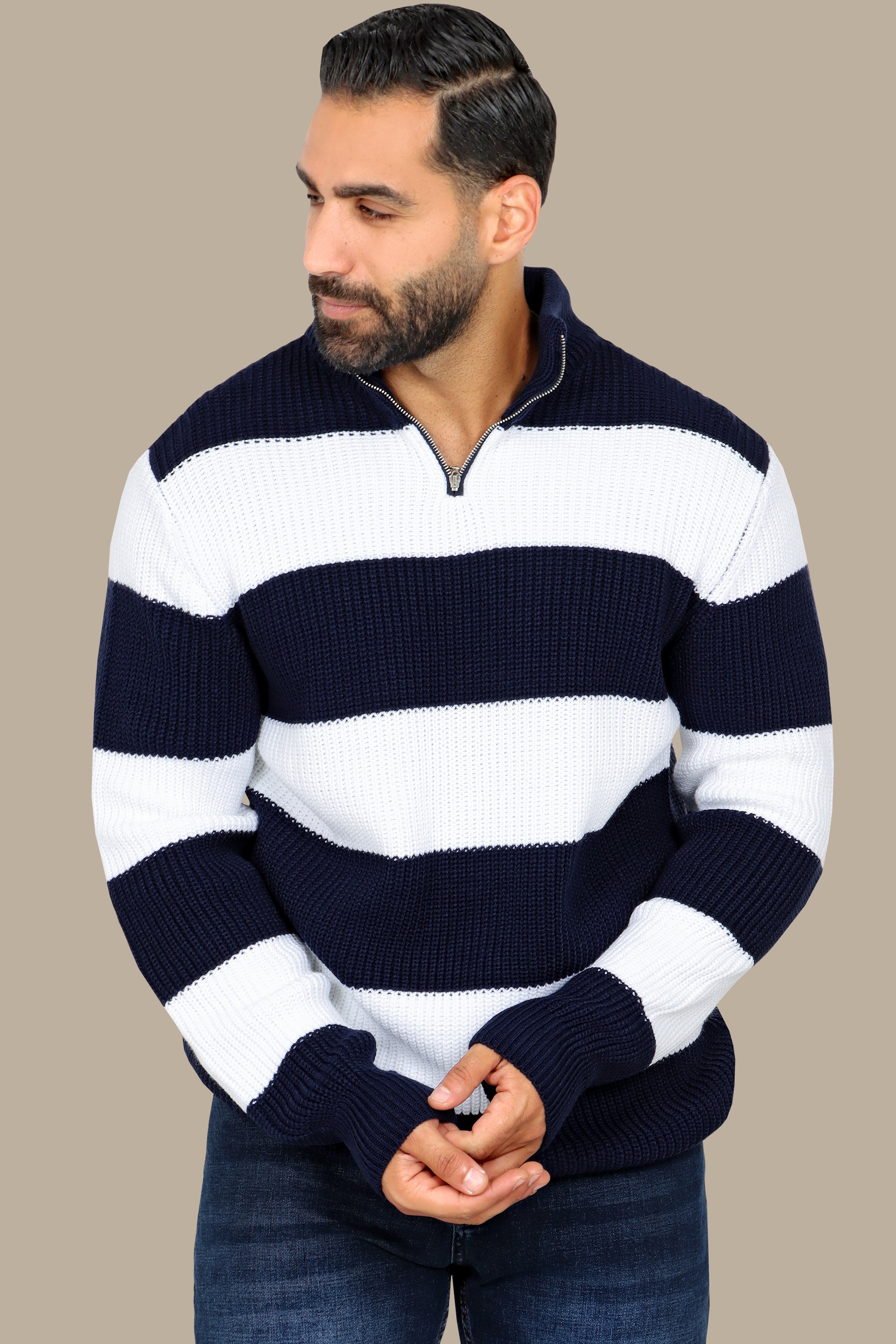 Contemporary Style: Navy Mercerized Half-Zipper Sweater with Wide Stripes