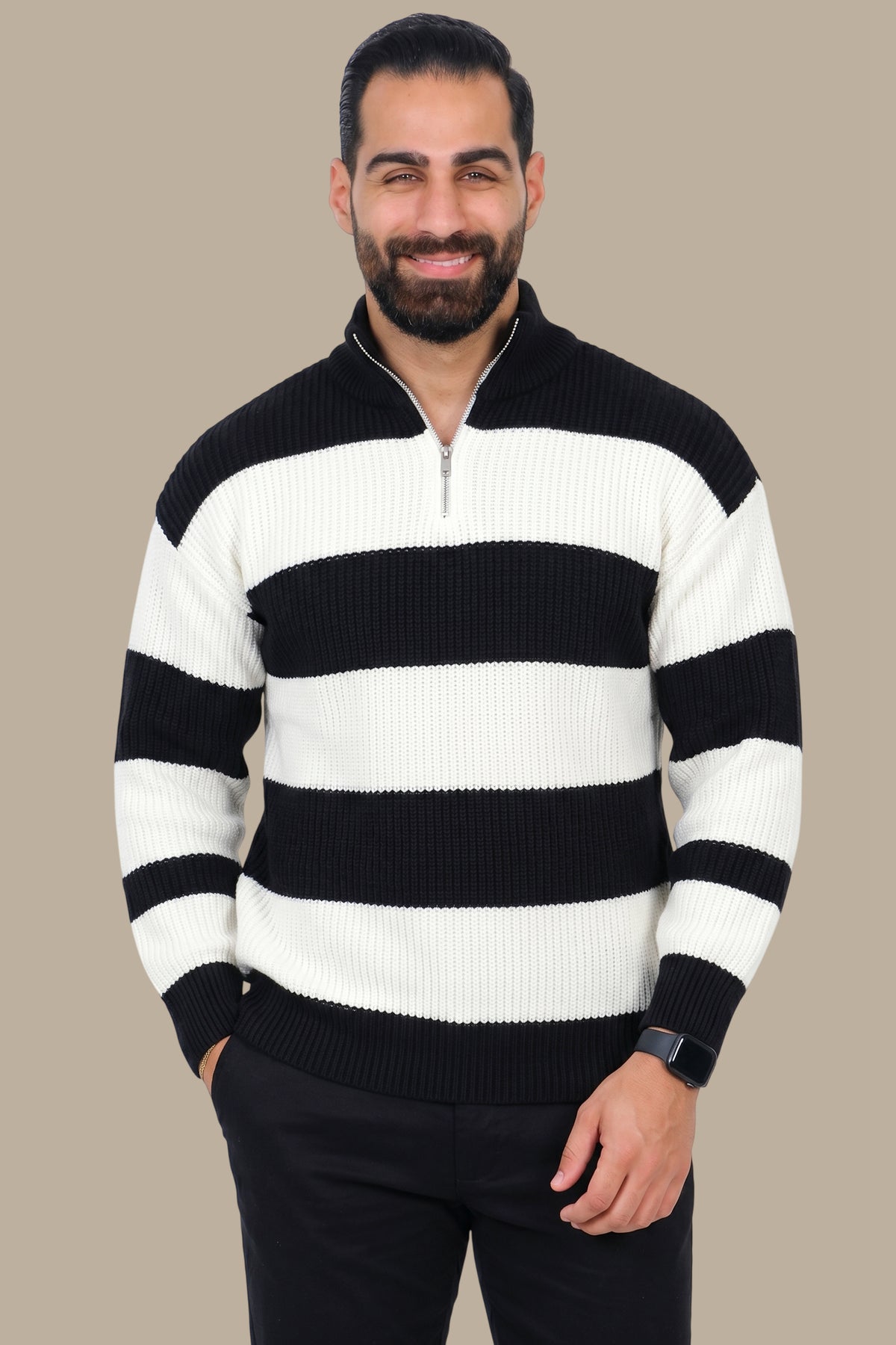 Half-Zip Sweater Mercerized Wide Stripes Black