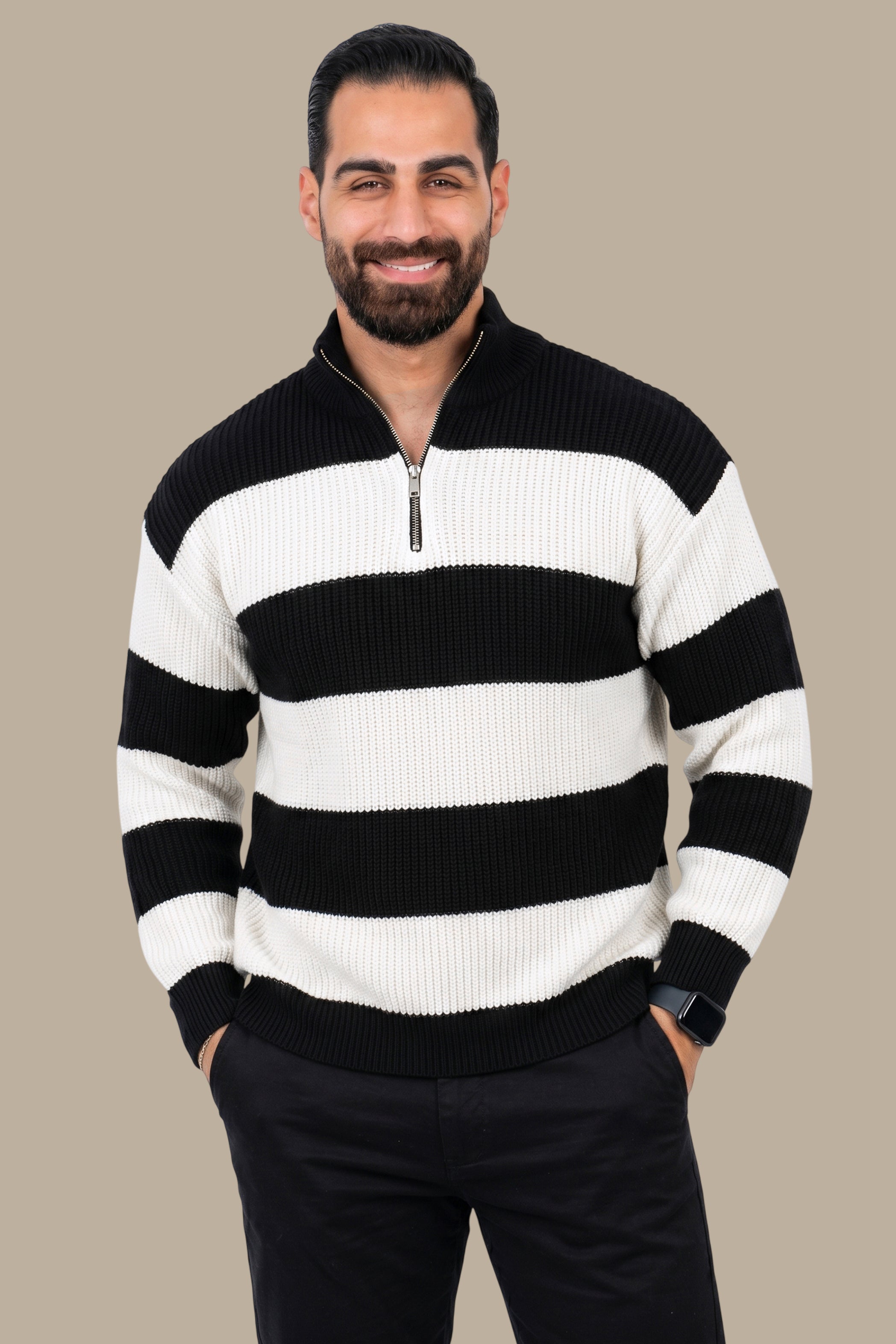 Half-Zip Sweater Mercerized Wide Stripes Black
