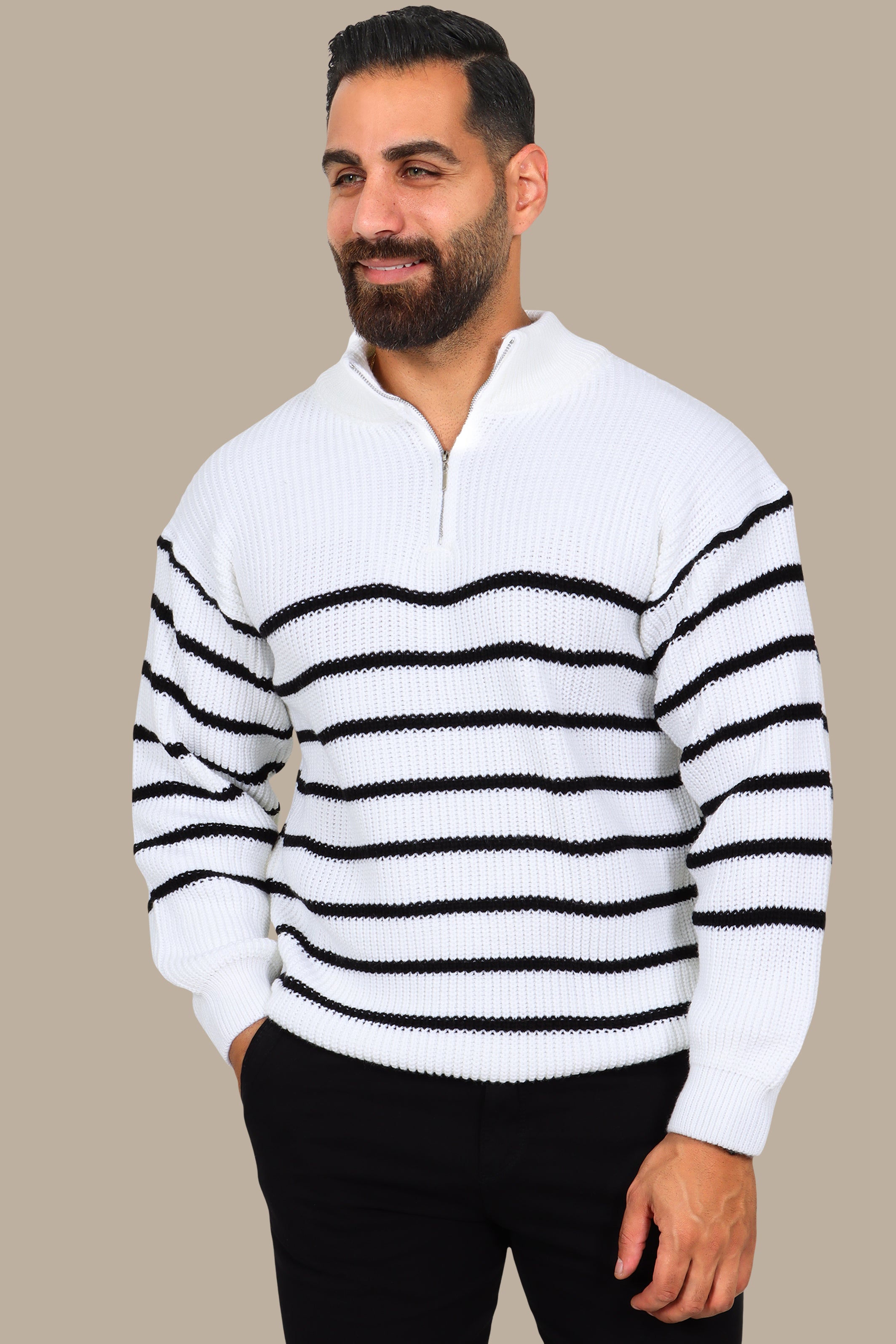 White Mercerized Half-Zip Striped Sweater
